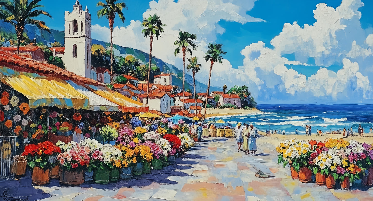 Coastal Village Canvas | Mediterranean Seaside Art | Colorful Beach Town Decor