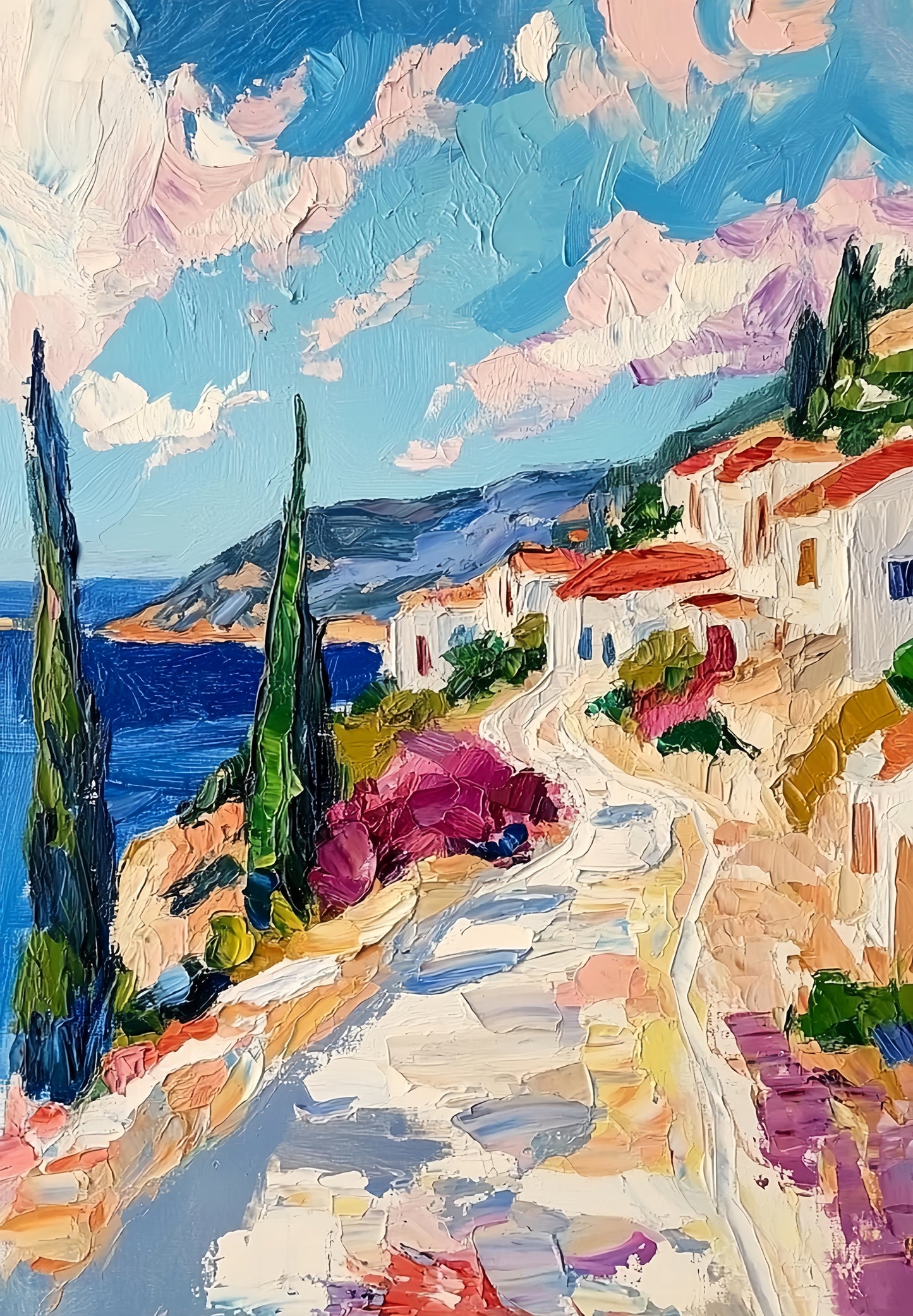 3D Coastal Village Art | Mediterranean Seaside Canvas | Modern Impressionist Decor
