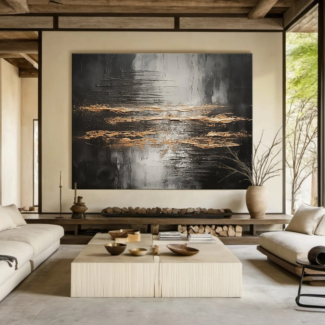 Large Metallic Gold & Black Abstract Wall Art | Modern Luxury Canvas