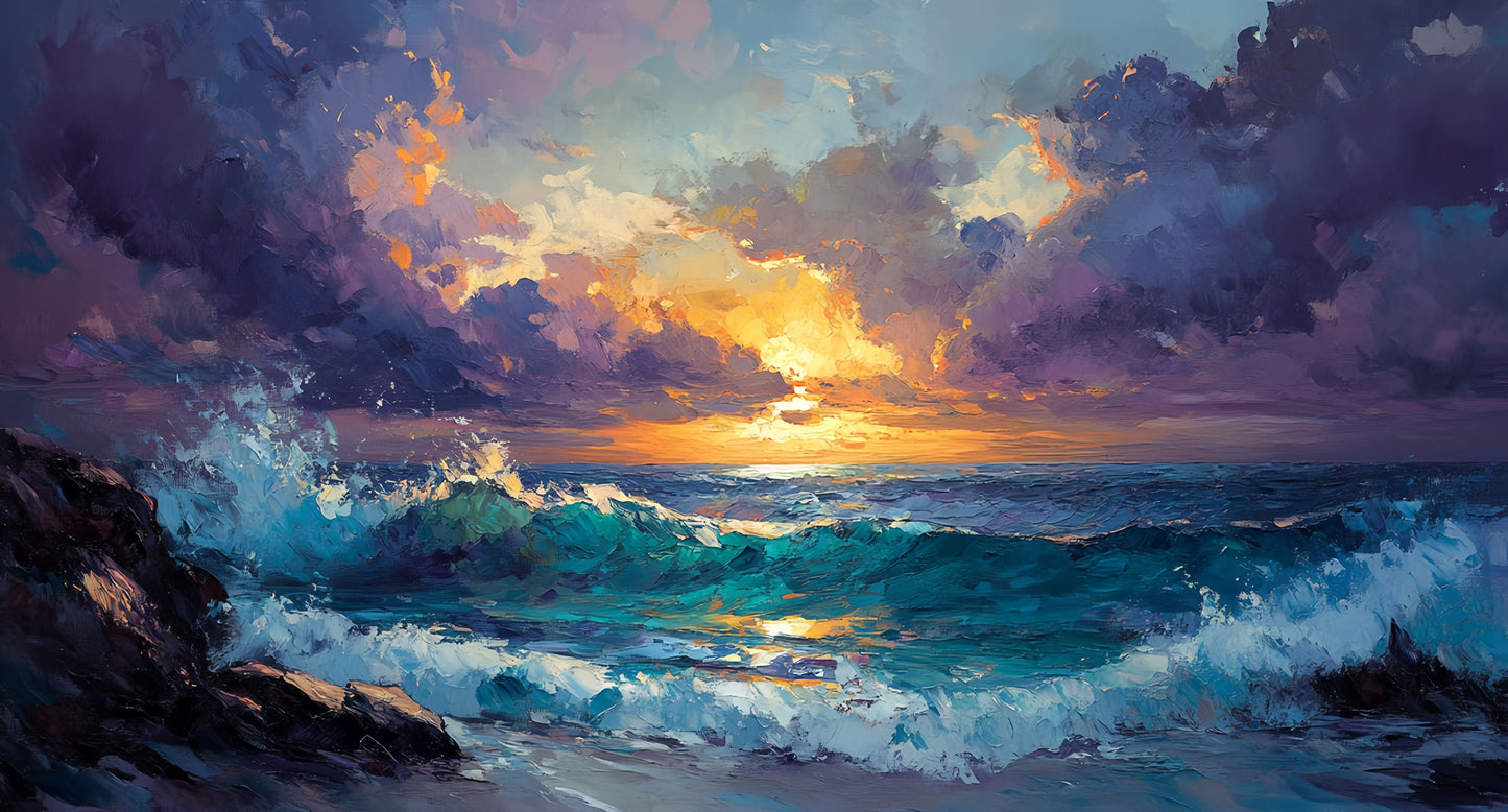 Ocean Sunset Canvas | Textured Seascape Art | Stormy Wave Wall Decor