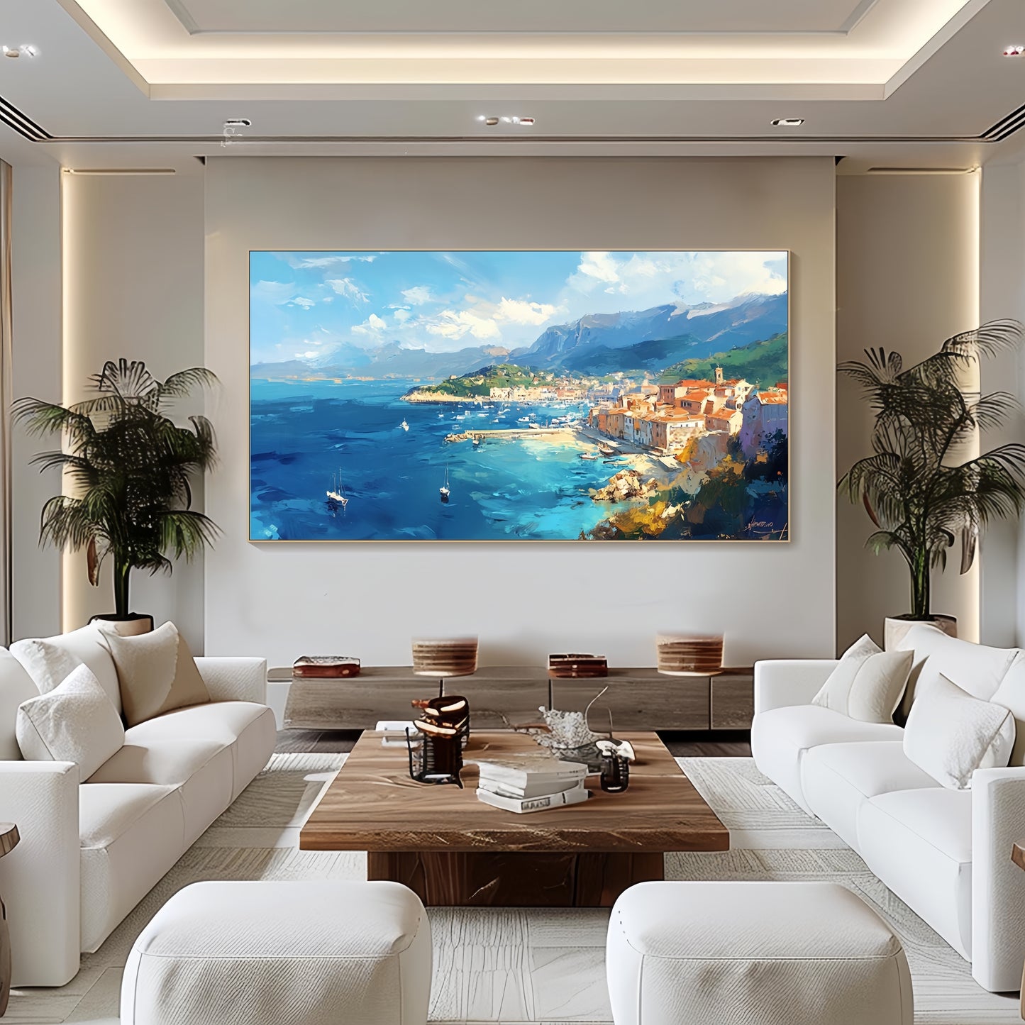 Large Seaside Canvas | Mediterranean Harbor Art | Coastal Wall Decor