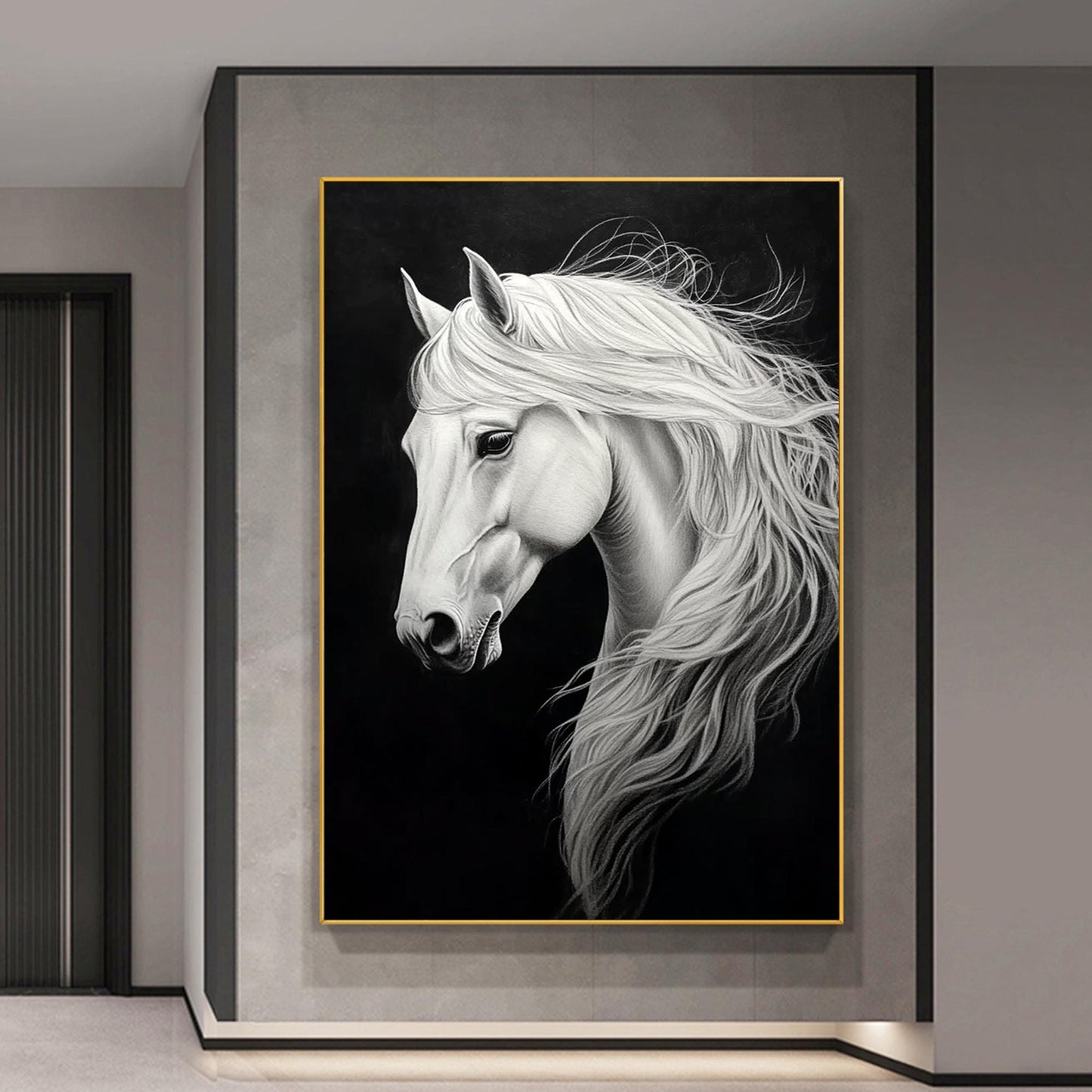 Original White Horse Painting | Elegant Horse Canvas Art | Black & White Animal Decor
