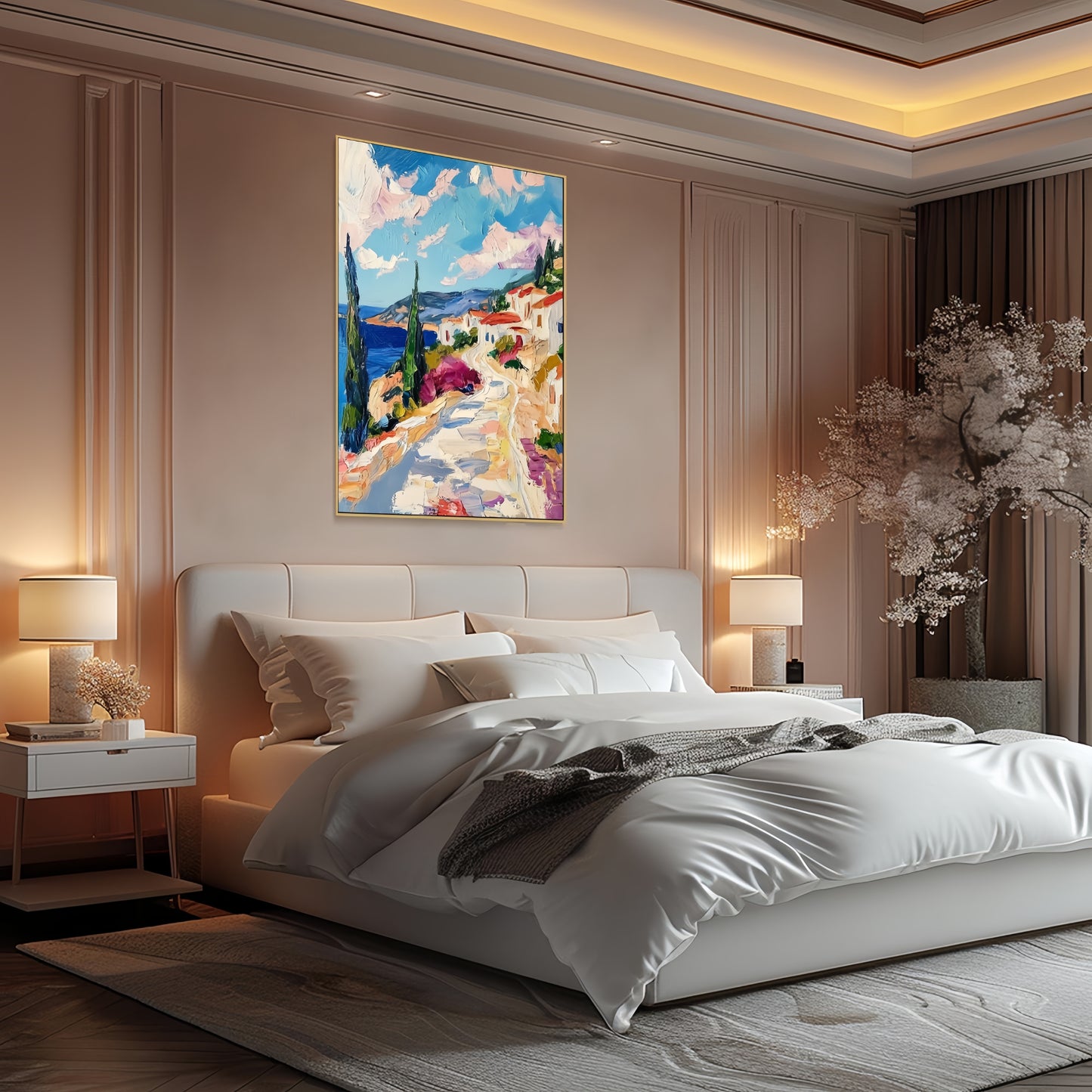 3D Coastal Village Art | Mediterranean Seaside Canvas | Modern Impressionist Decor