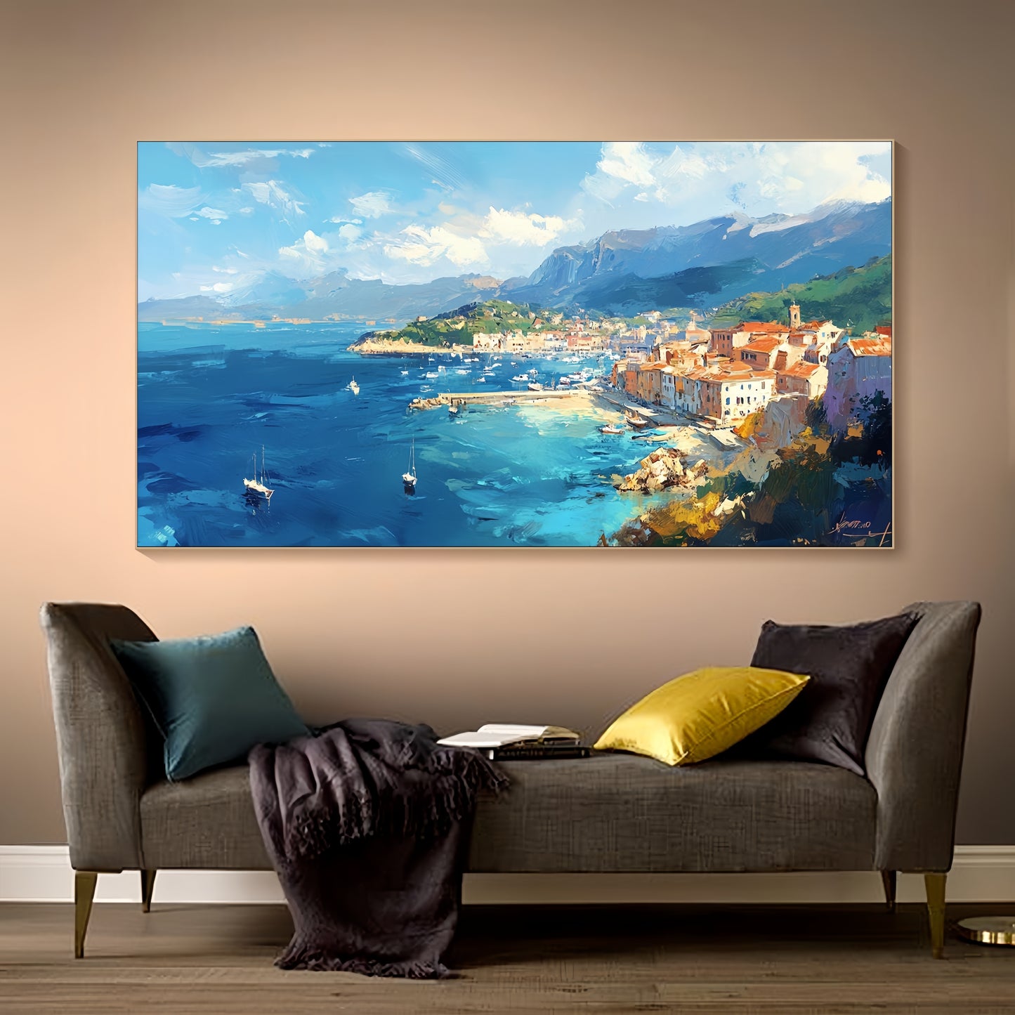 Large Seaside Canvas | Mediterranean Harbor Art | Coastal Wall Decor