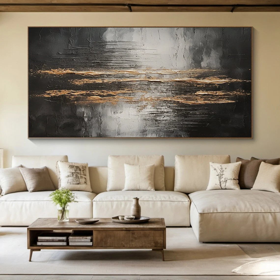Large Metallic Gold & Black Abstract Wall Art | Modern Luxury Canvas