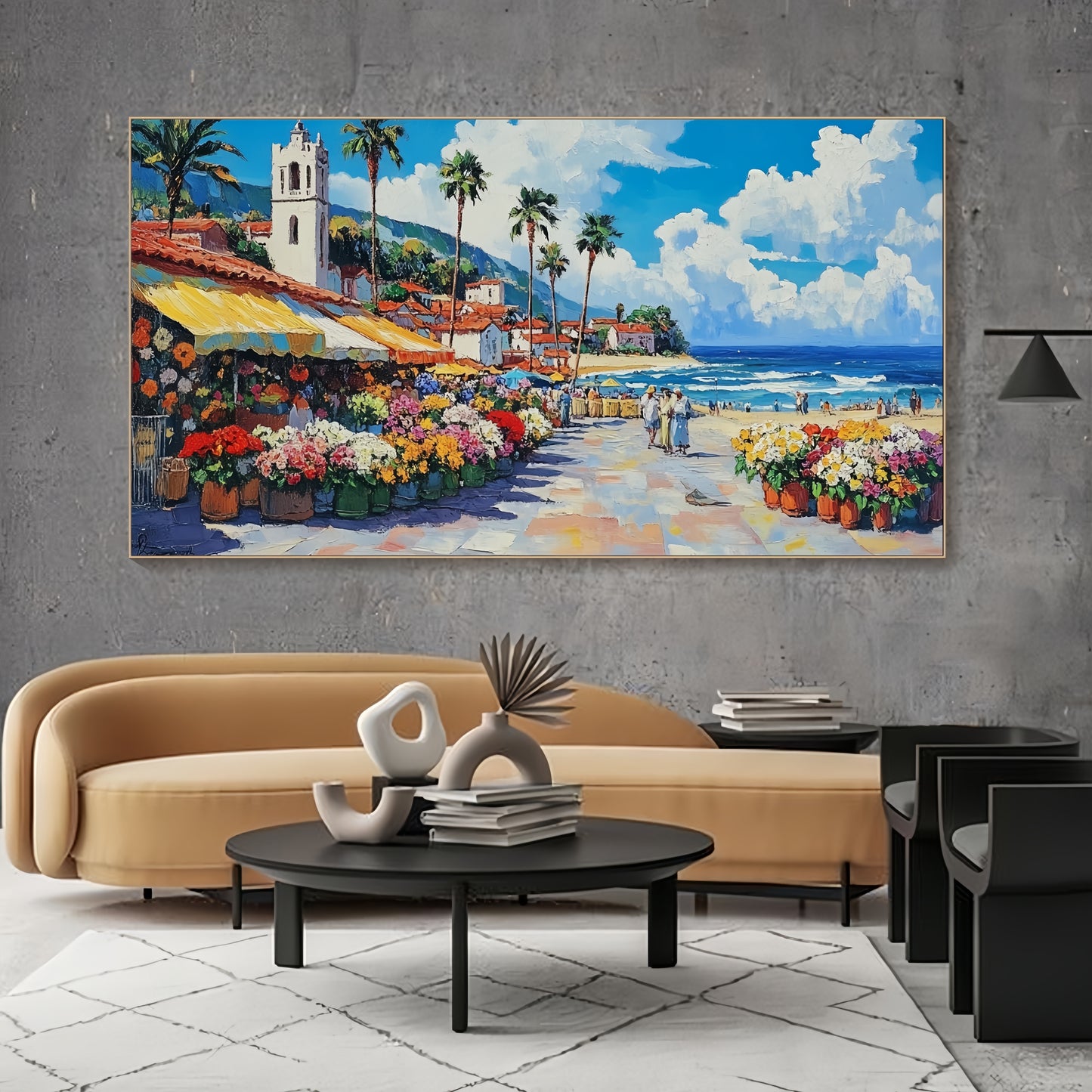 Coastal Village Canvas | Mediterranean Seaside Art | Colorful Beach Town Decor