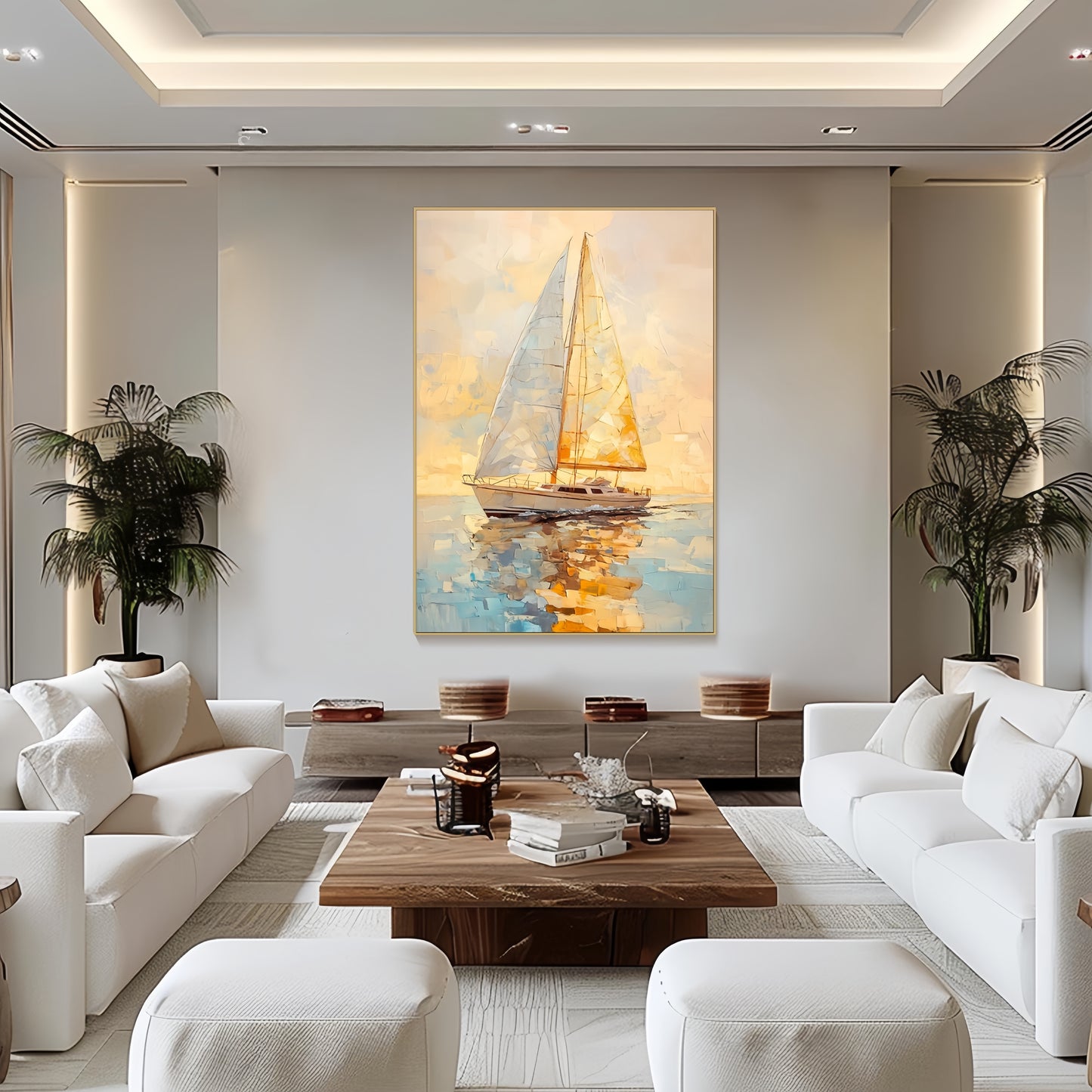 3D Golden Sunset Sailboat | Nautical Seascape Art | Ocean Wall Decor