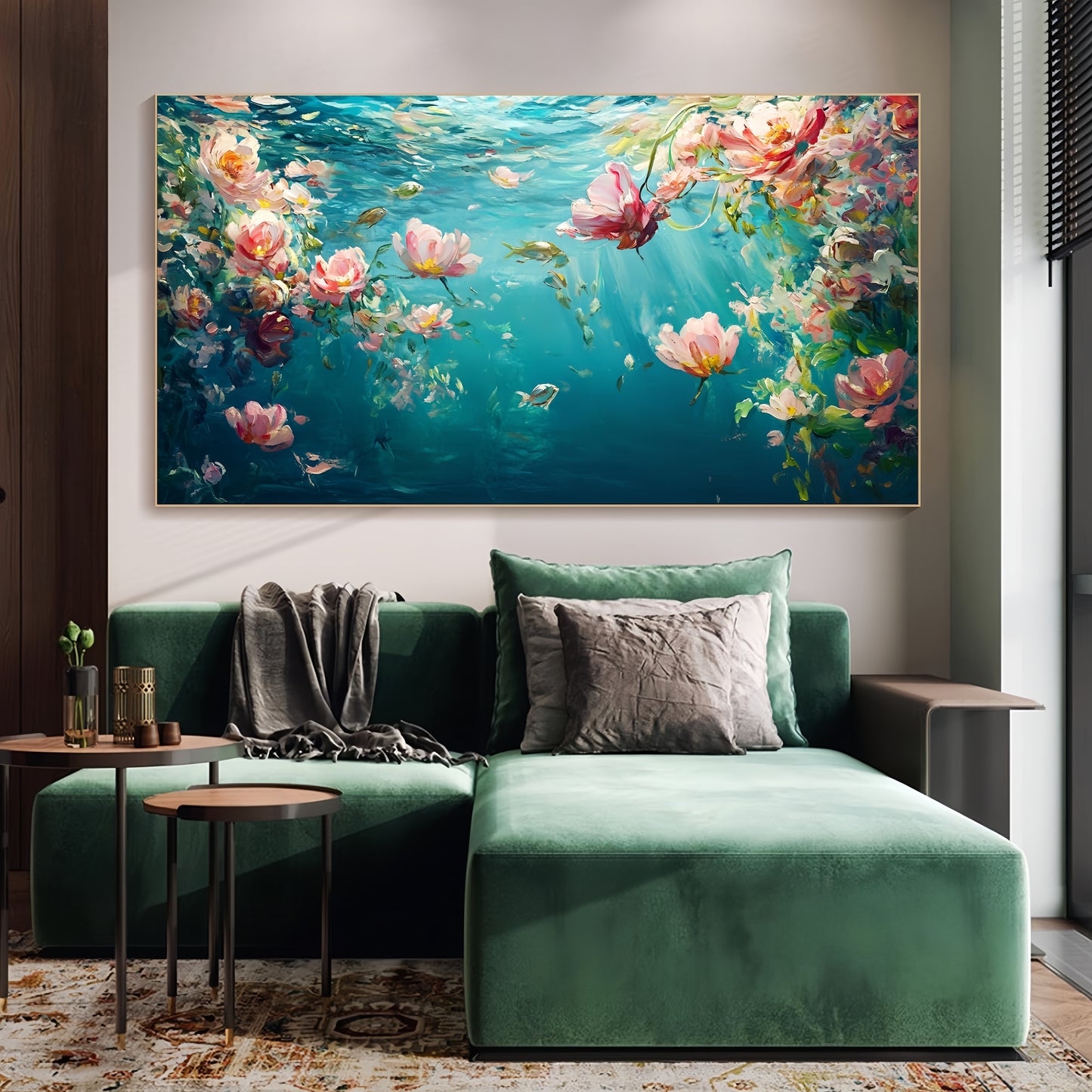Underwater Floral Canvas | Ocean Lotus Art | Turquoise Blue Wall Decor