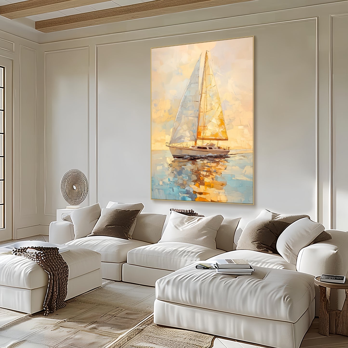 3D Golden Sunset Sailboat | Nautical Seascape Art | Ocean Wall Decor
