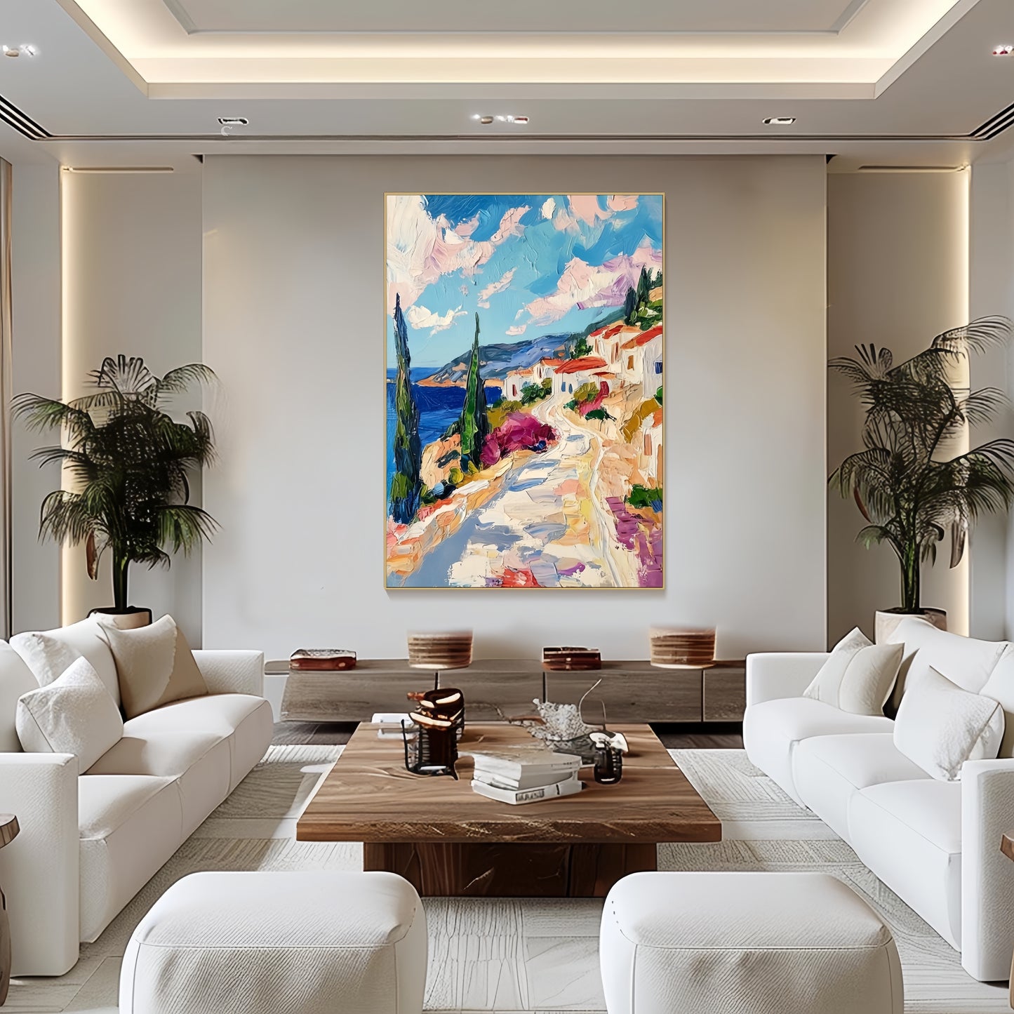 3D Coastal Village Art | Mediterranean Seaside Canvas | Modern Impressionist Decor