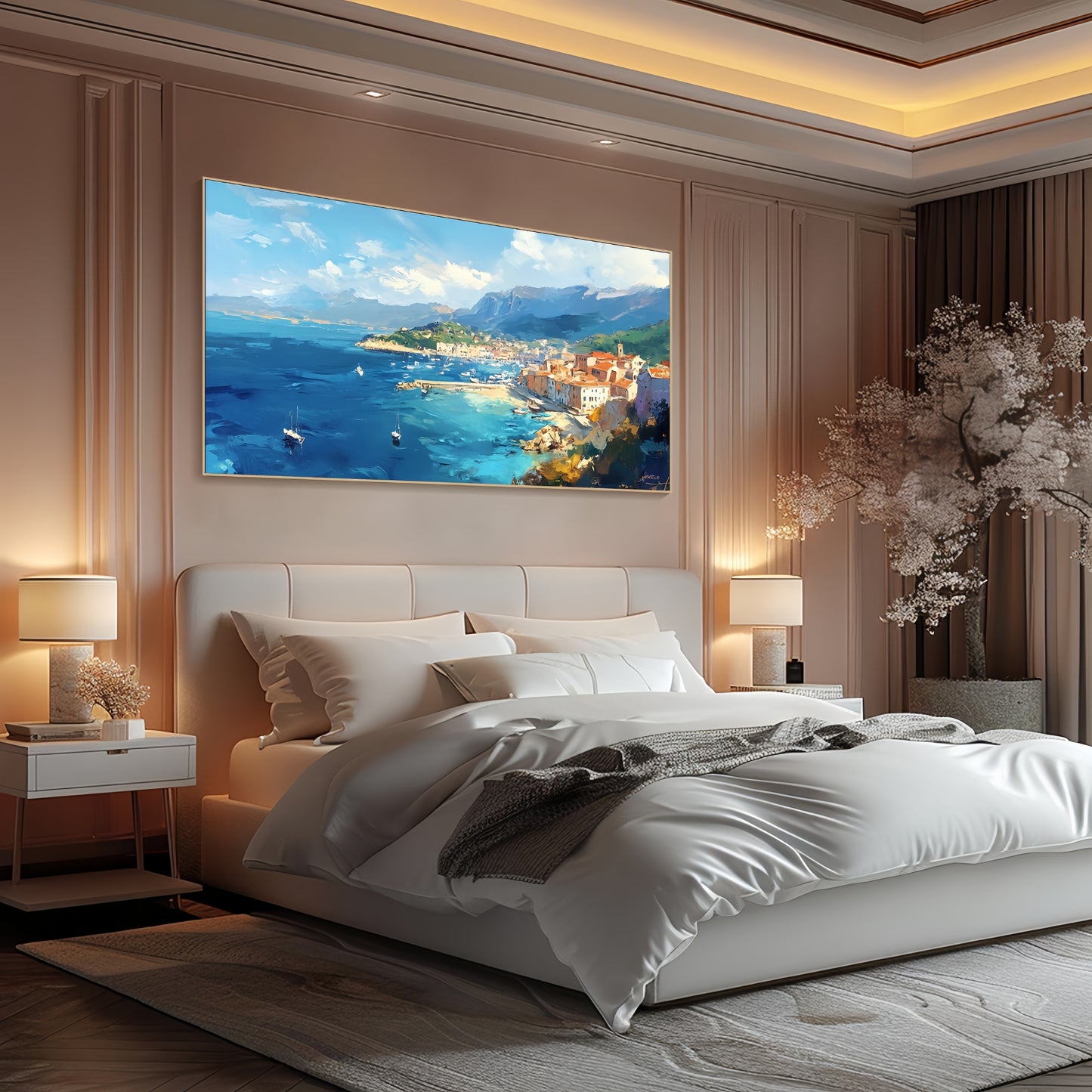 Large Seaside Canvas | Mediterranean Harbor Art | Coastal Wall Decor