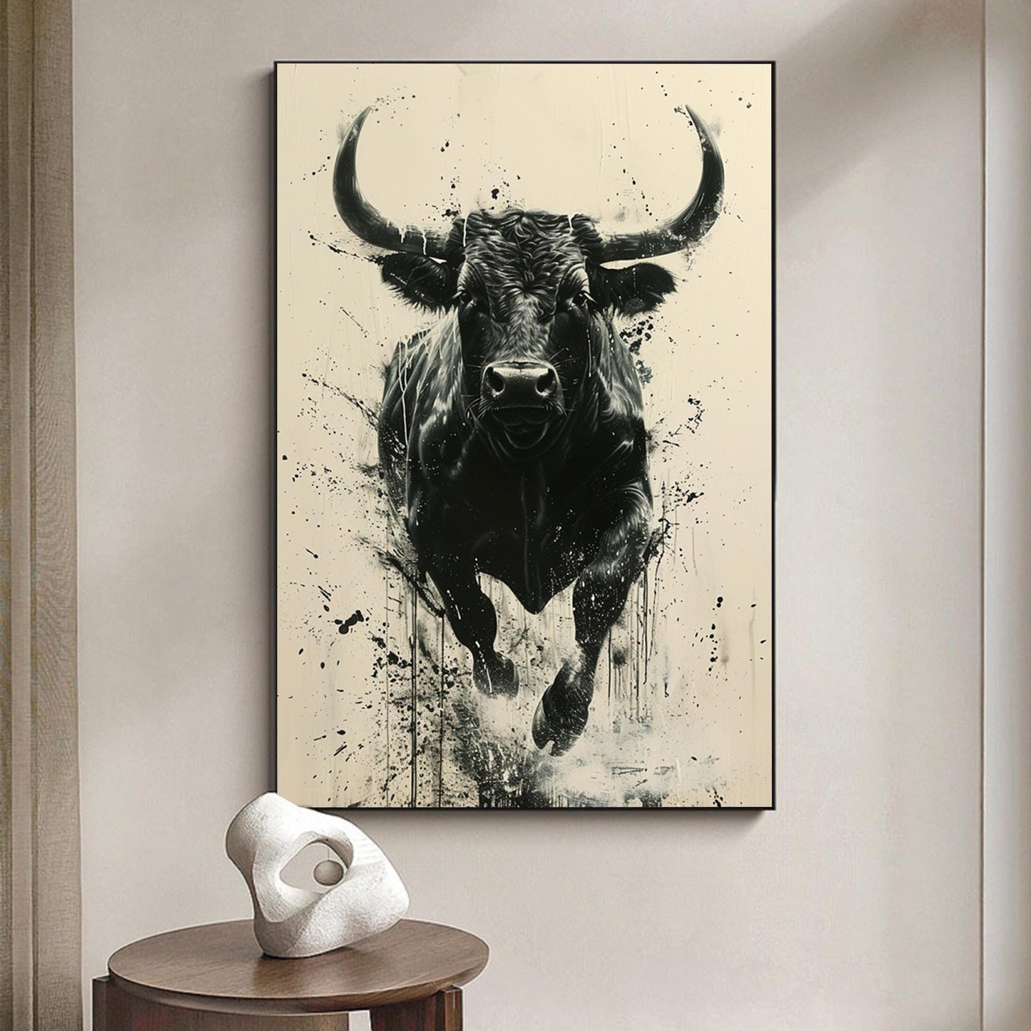 Original Black Bull Painting | Abstract Cow Canvas Art | Modern Animal Wall Decor