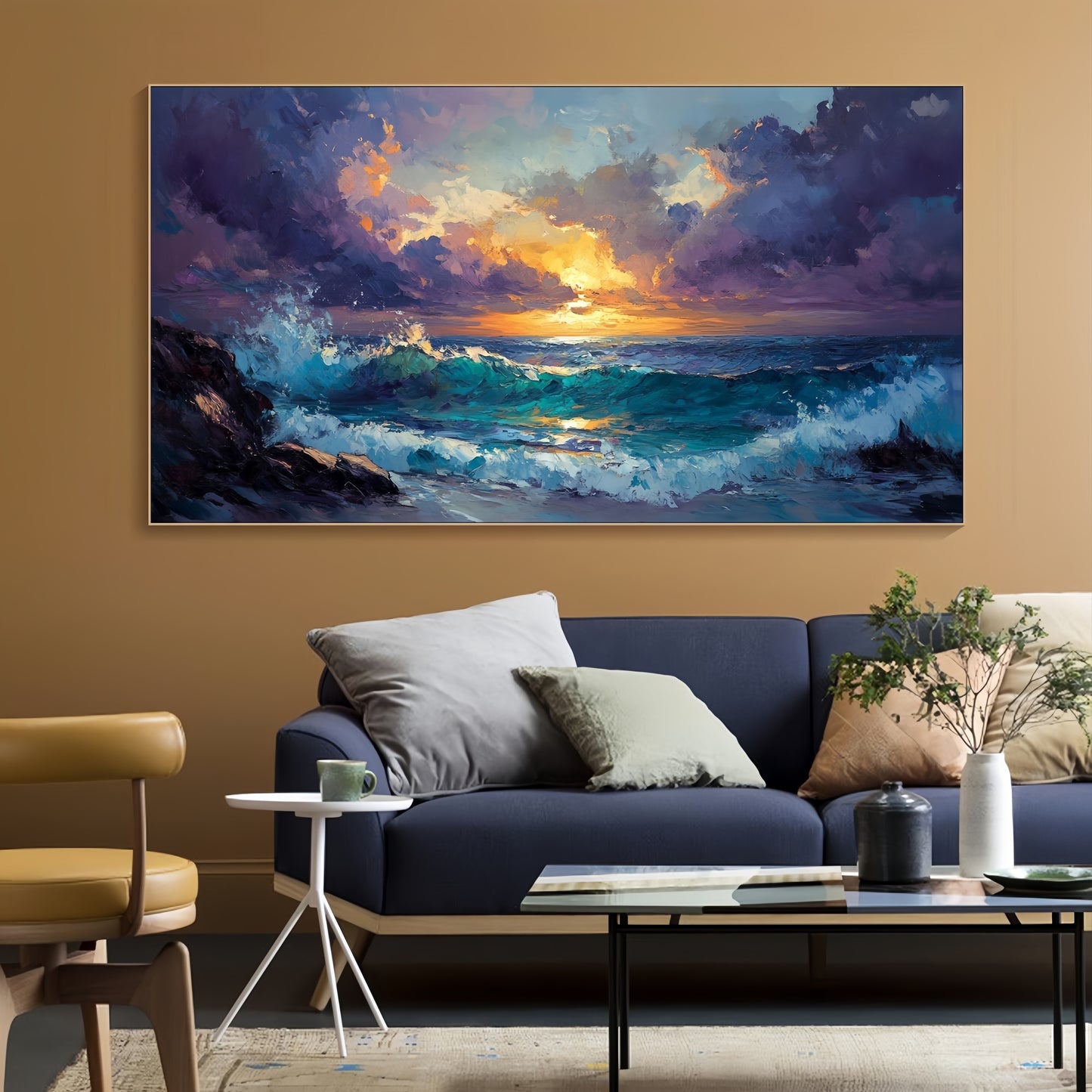 Ocean Sunset Canvas | Textured Seascape Art | Stormy Wave Wall Decor