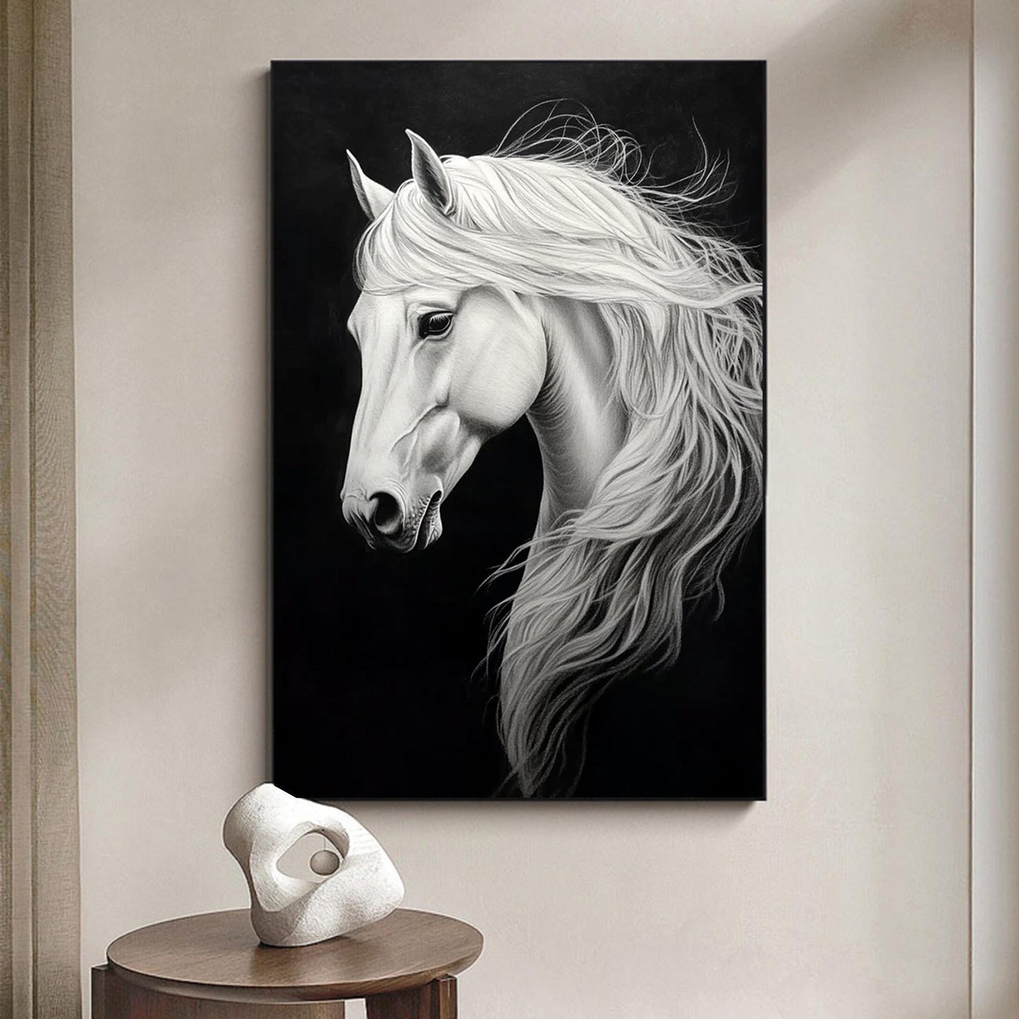 Original White Horse Painting | Elegant Horse Canvas Art | Black & White Animal Decor