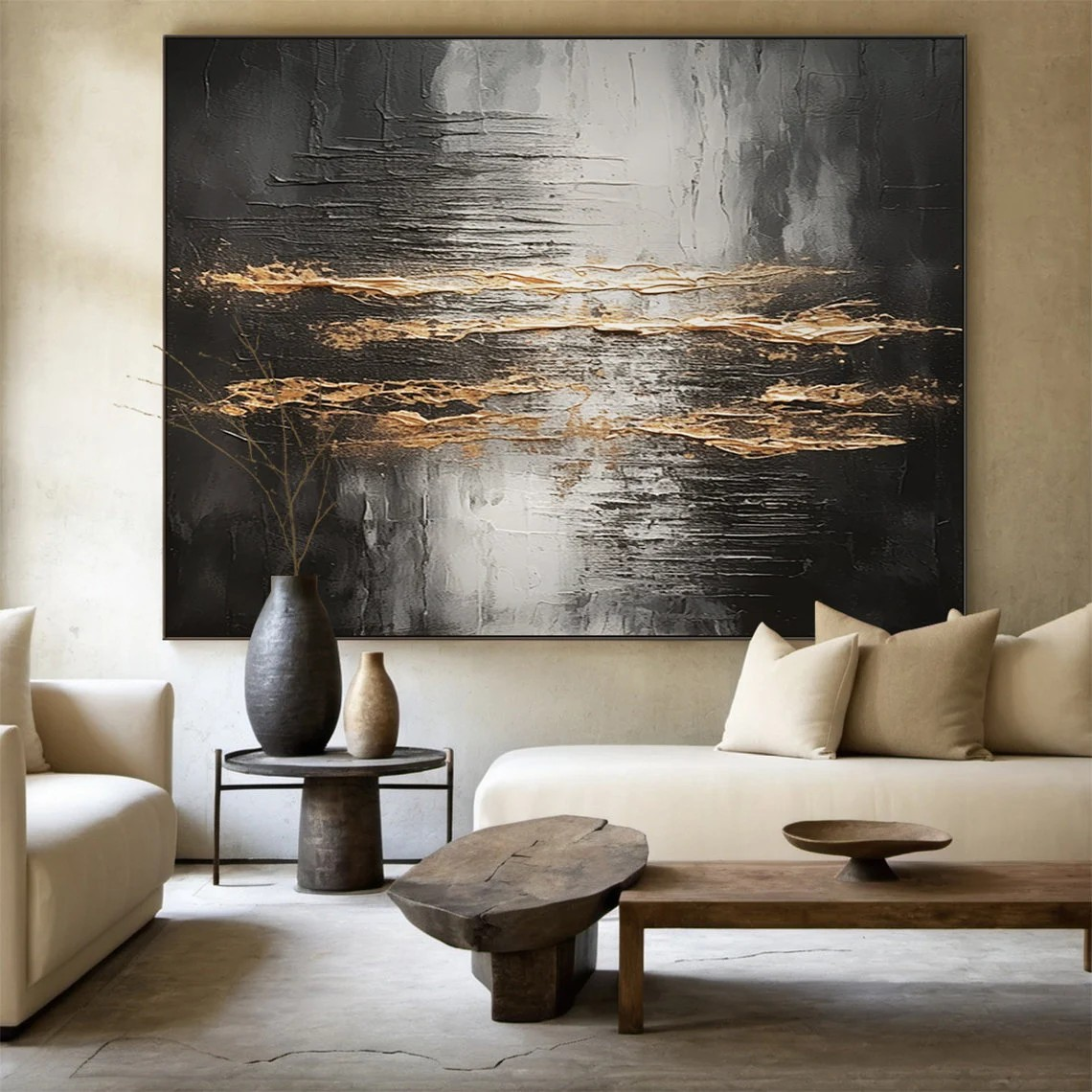 Large Metallic Gold & Black Abstract Wall Art | Modern Luxury Canvas
