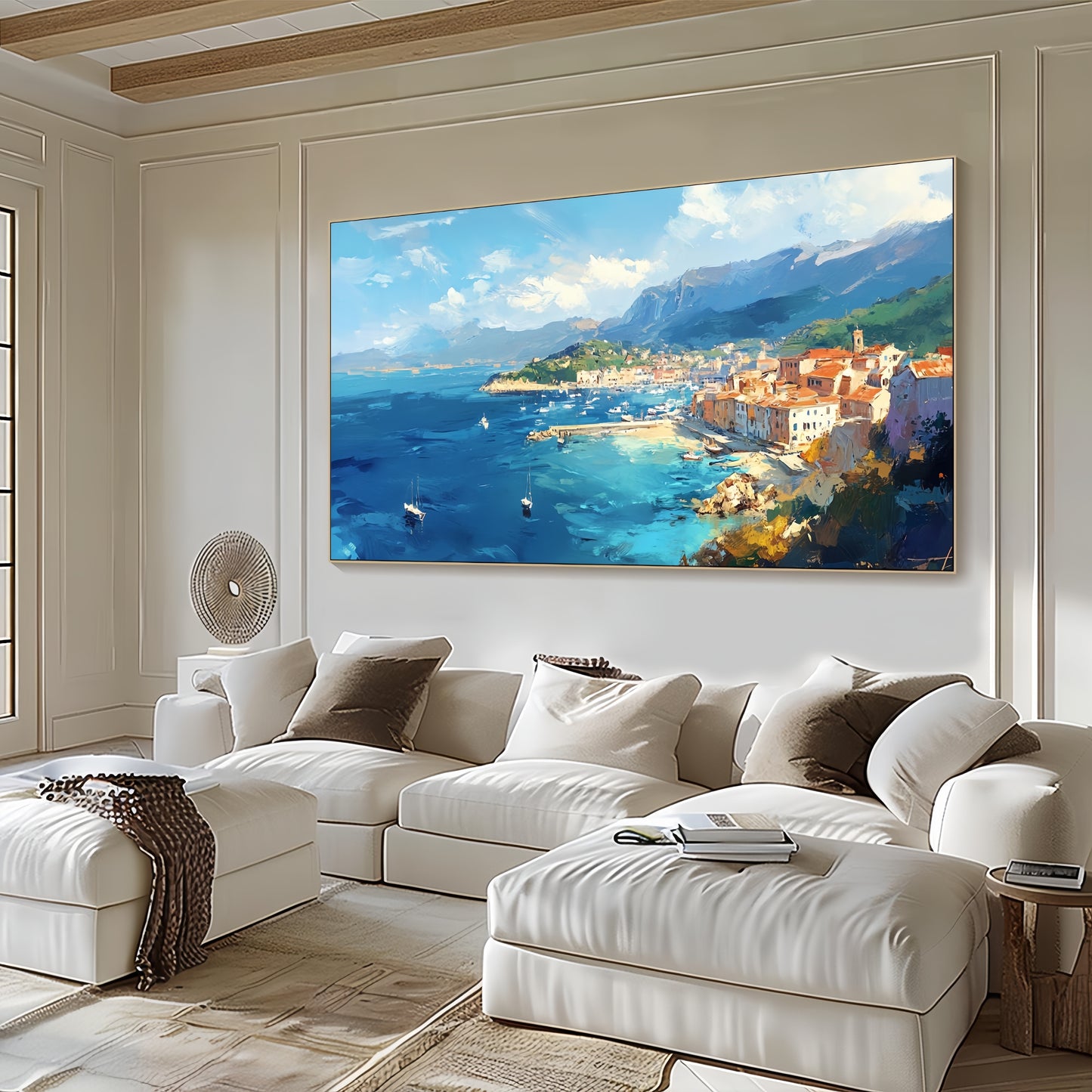 Large Seaside Canvas | Mediterranean Harbor Art | Coastal Wall Decor
