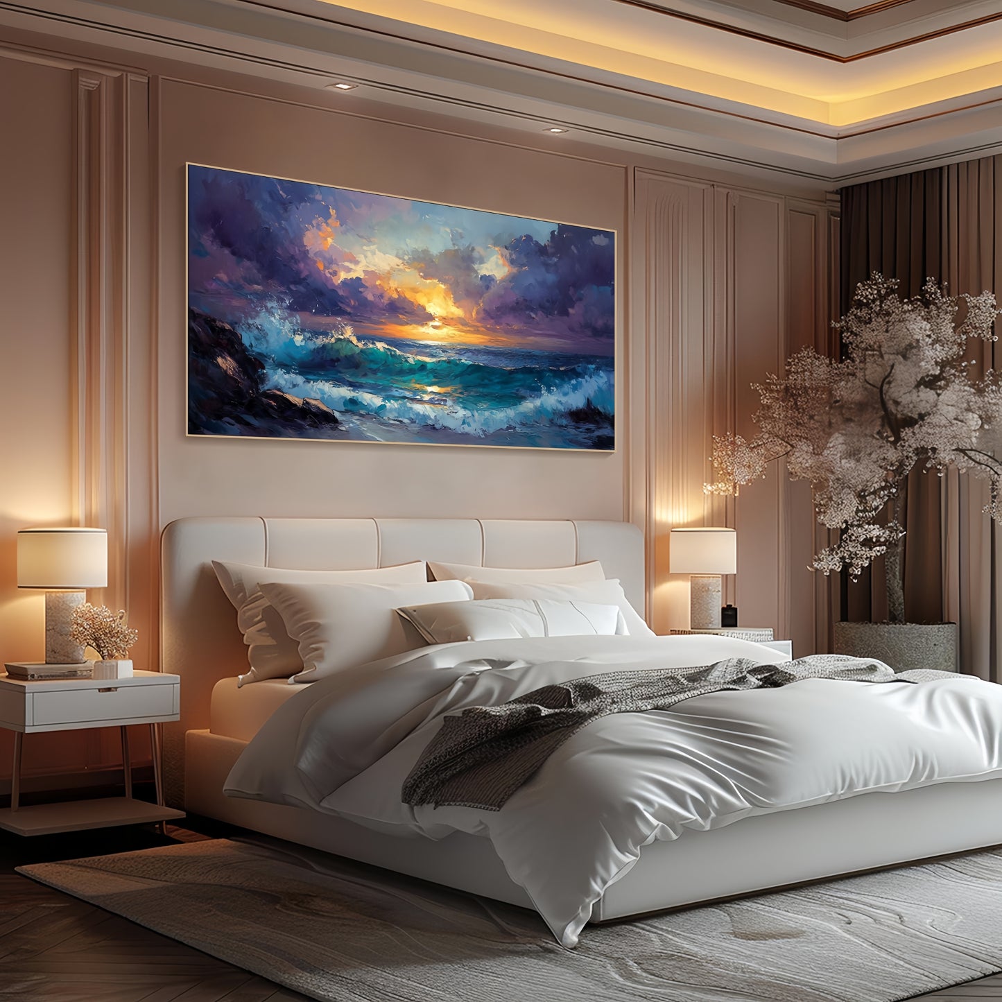 Ocean Sunset Canvas | Textured Seascape Art | Stormy Wave Wall Decor