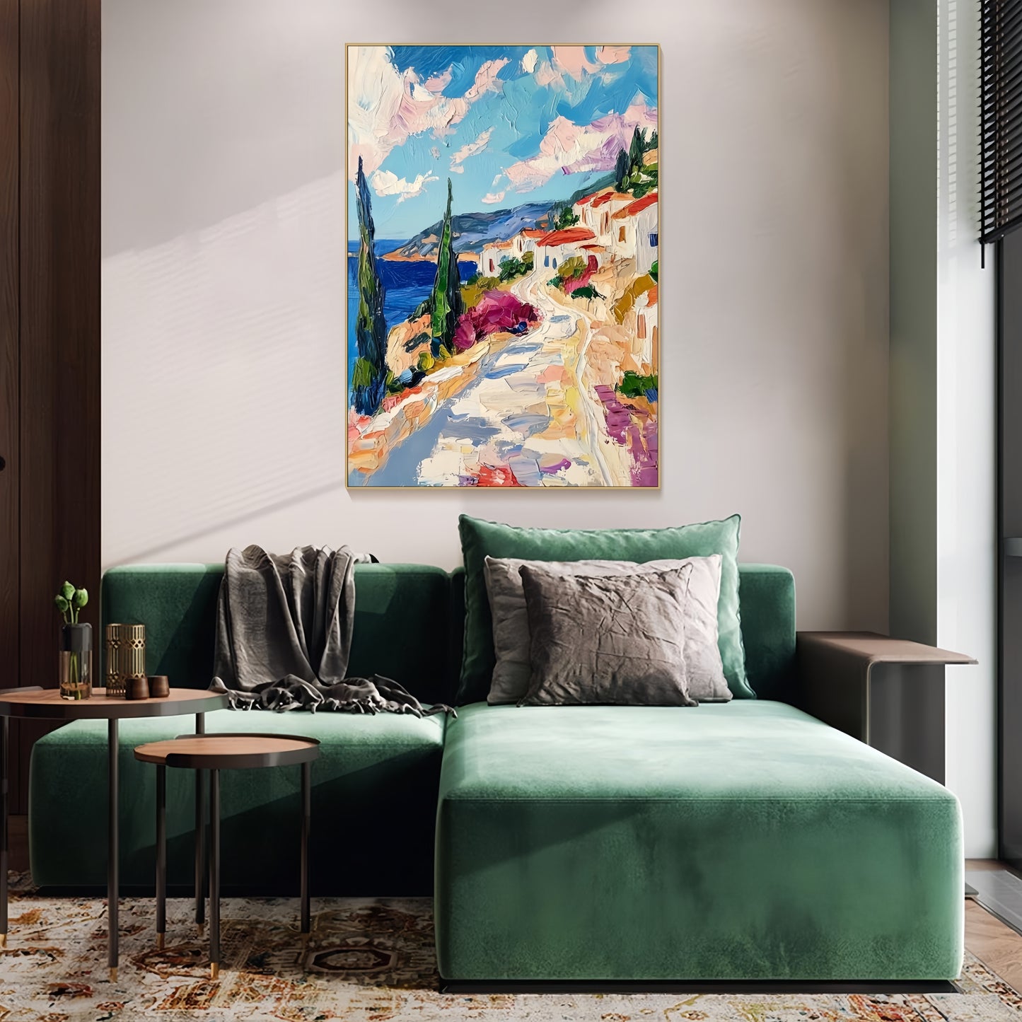 3D Coastal Village Art | Mediterranean Seaside Canvas | Modern Impressionist Decor