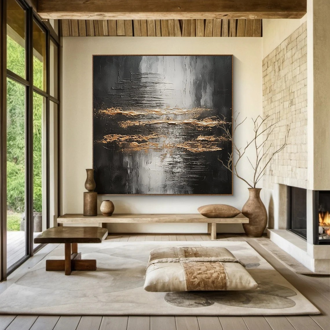 Large Metallic Gold & Black Abstract Wall Art | Modern Luxury Canvas