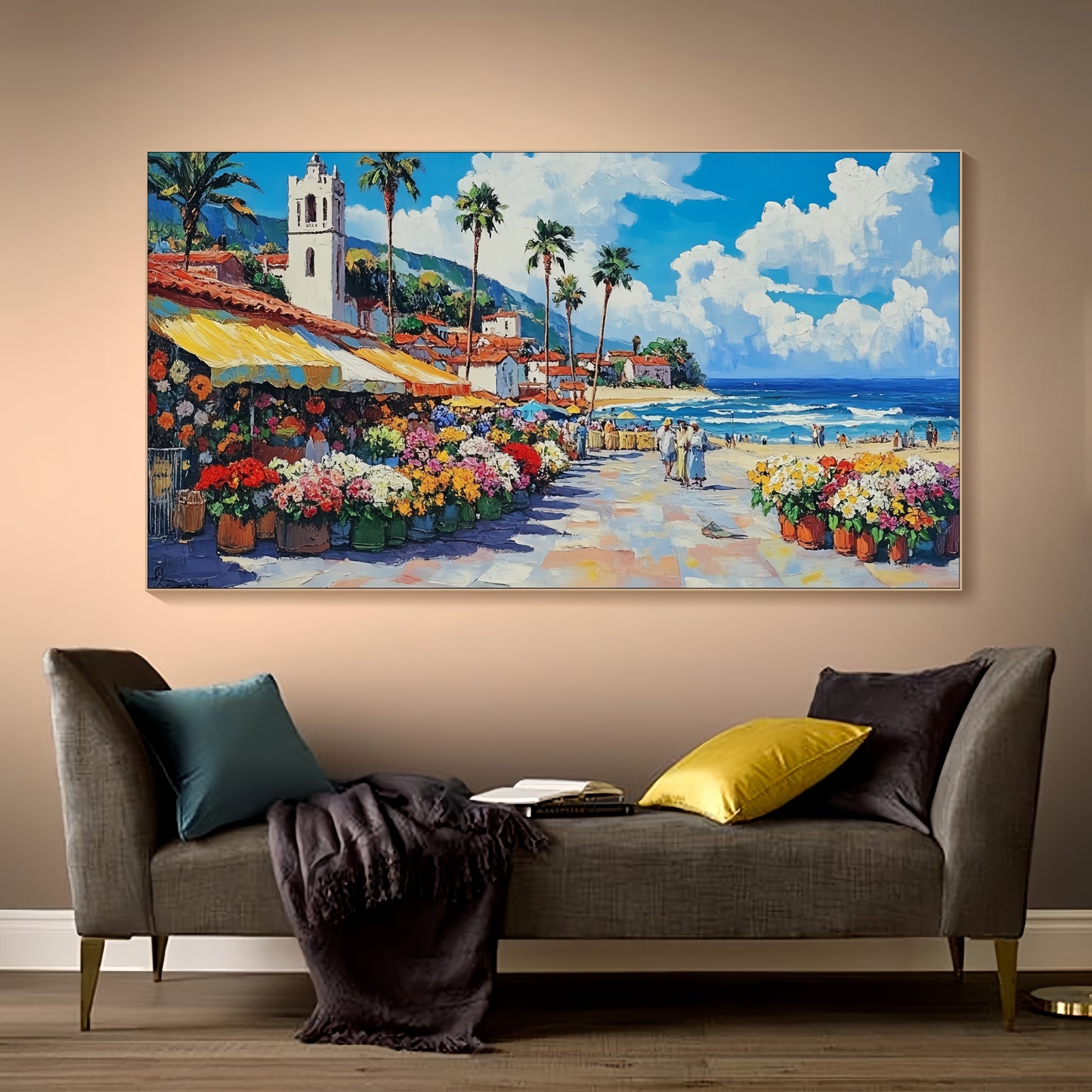 Coastal Village Canvas | Mediterranean Seaside Art | Colorful Beach Town Decor