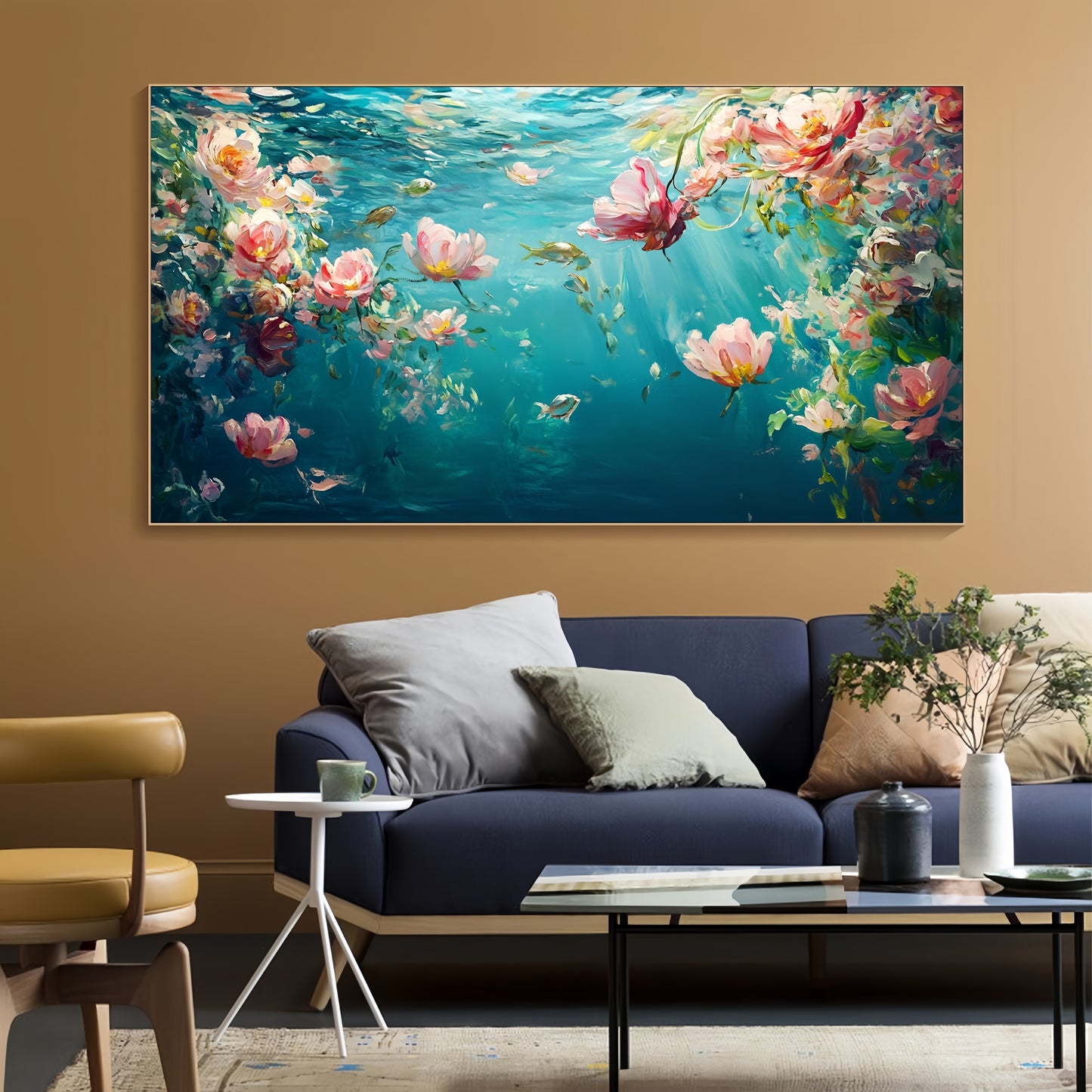 Underwater Floral Canvas | Ocean Lotus Art | Turquoise Blue Wall Decor