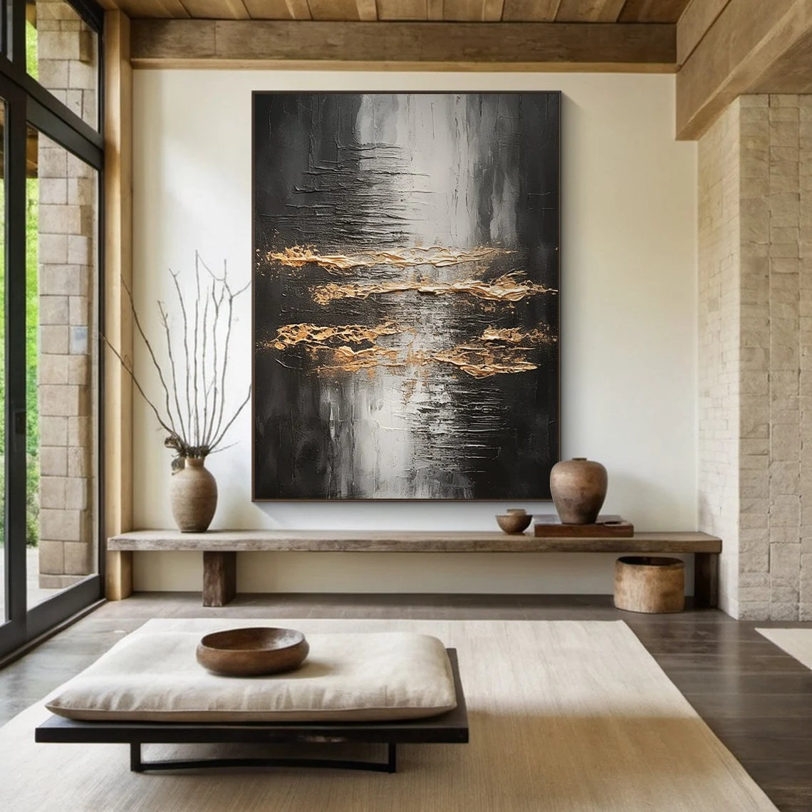 Large Metallic Gold & Black Abstract Wall Art | Modern Luxury Canvas