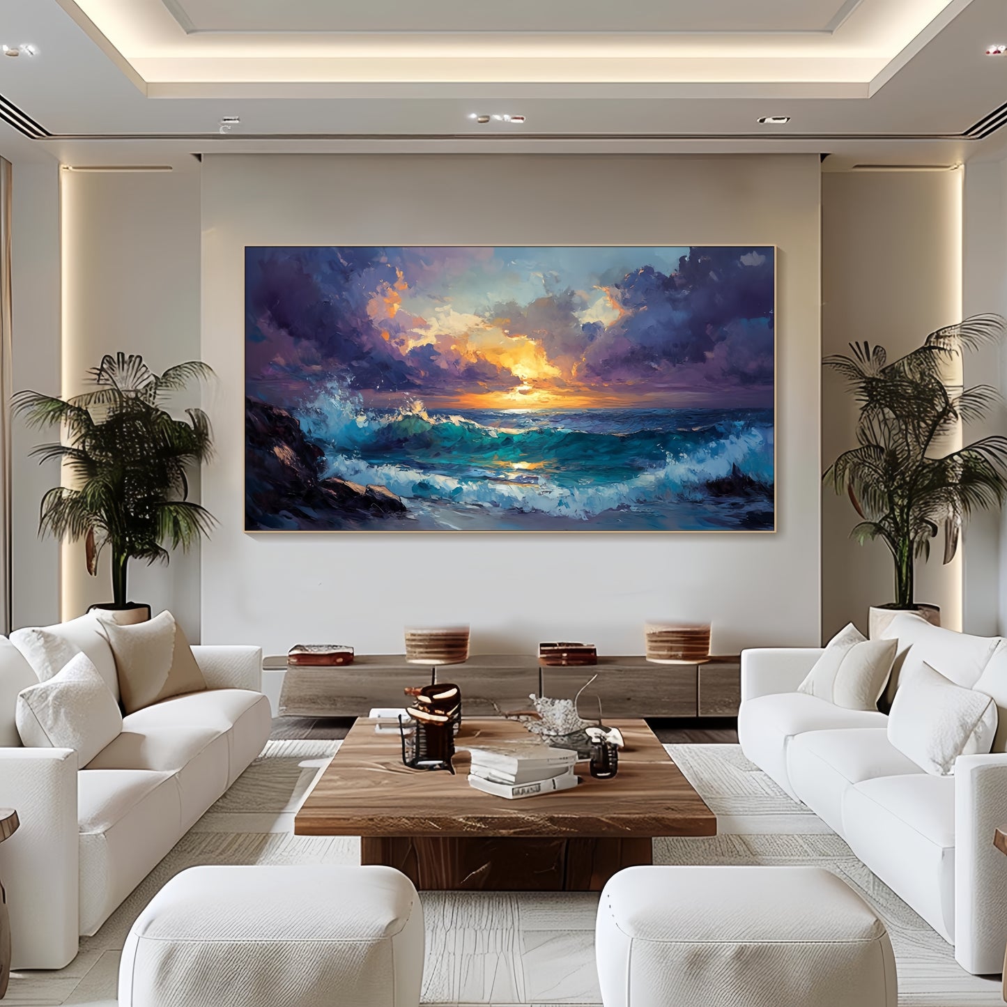 Ocean Sunset Canvas | Textured Seascape Art | Stormy Wave Wall Decor