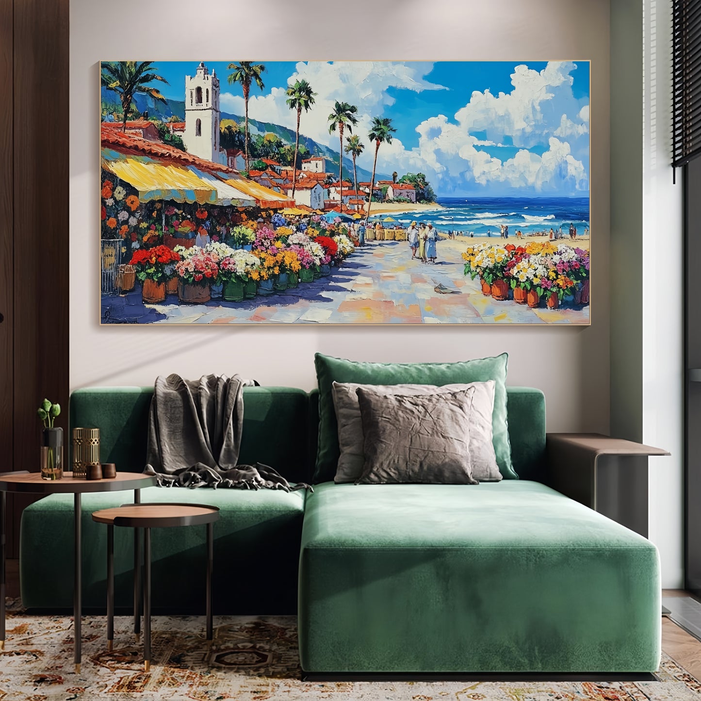 Coastal Village Canvas | Mediterranean Seaside Art | Colorful Beach Town Decor