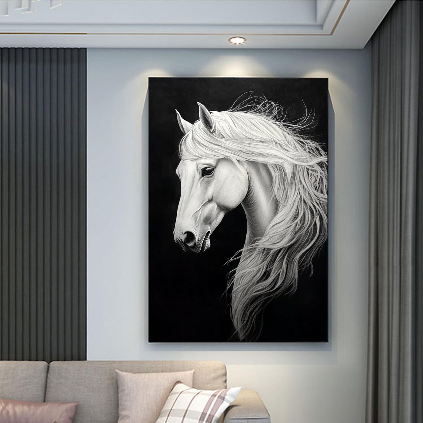 Original White Horse Painting | Elegant Horse Canvas Art | Black & White Animal Decor