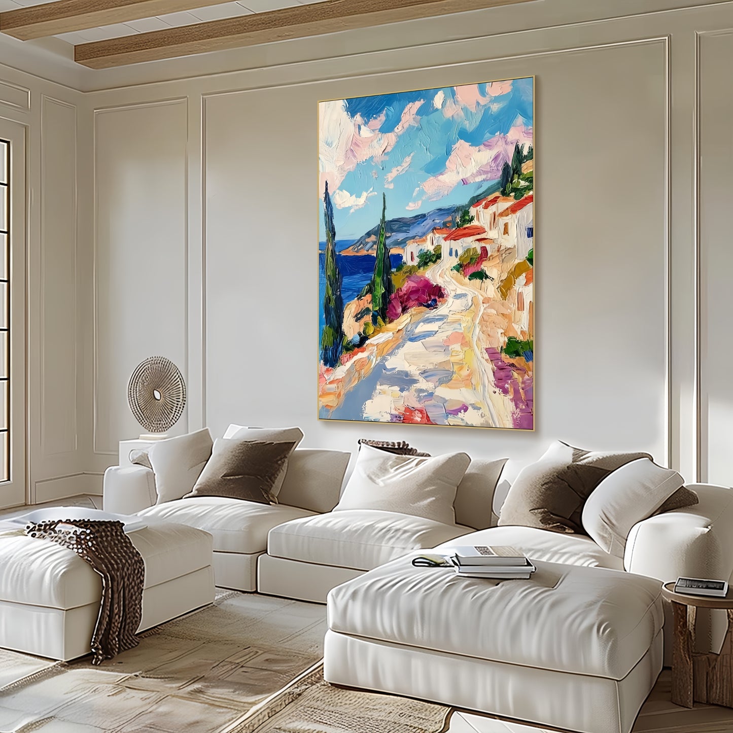 3D Coastal Village Art | Mediterranean Seaside Canvas | Modern Impressionist Decor