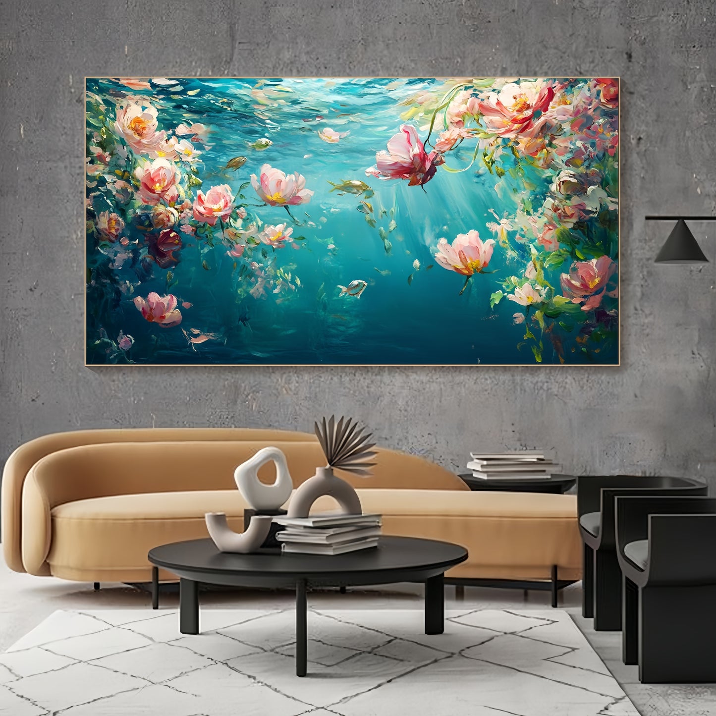 Underwater Floral Canvas | Ocean Lotus Art | Turquoise Blue Wall Decor