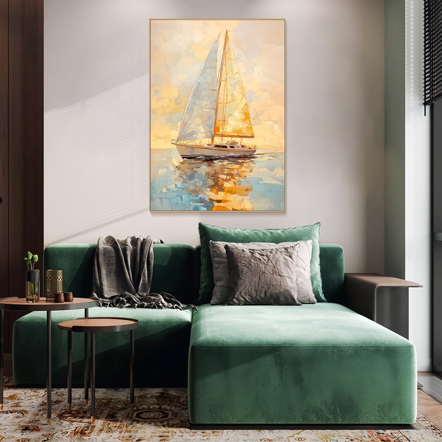 3D Golden Sunset Sailboat | Nautical Seascape Art | Ocean Wall Decor