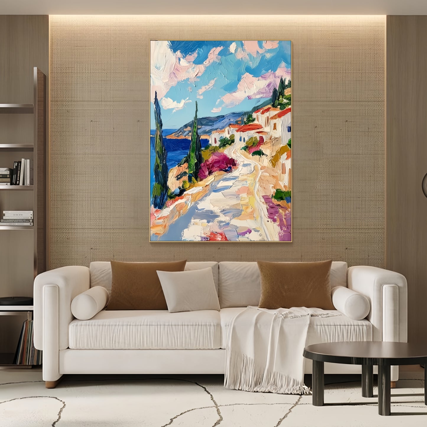 3D Coastal Village Art | Mediterranean Seaside Canvas | Modern Impressionist Decor