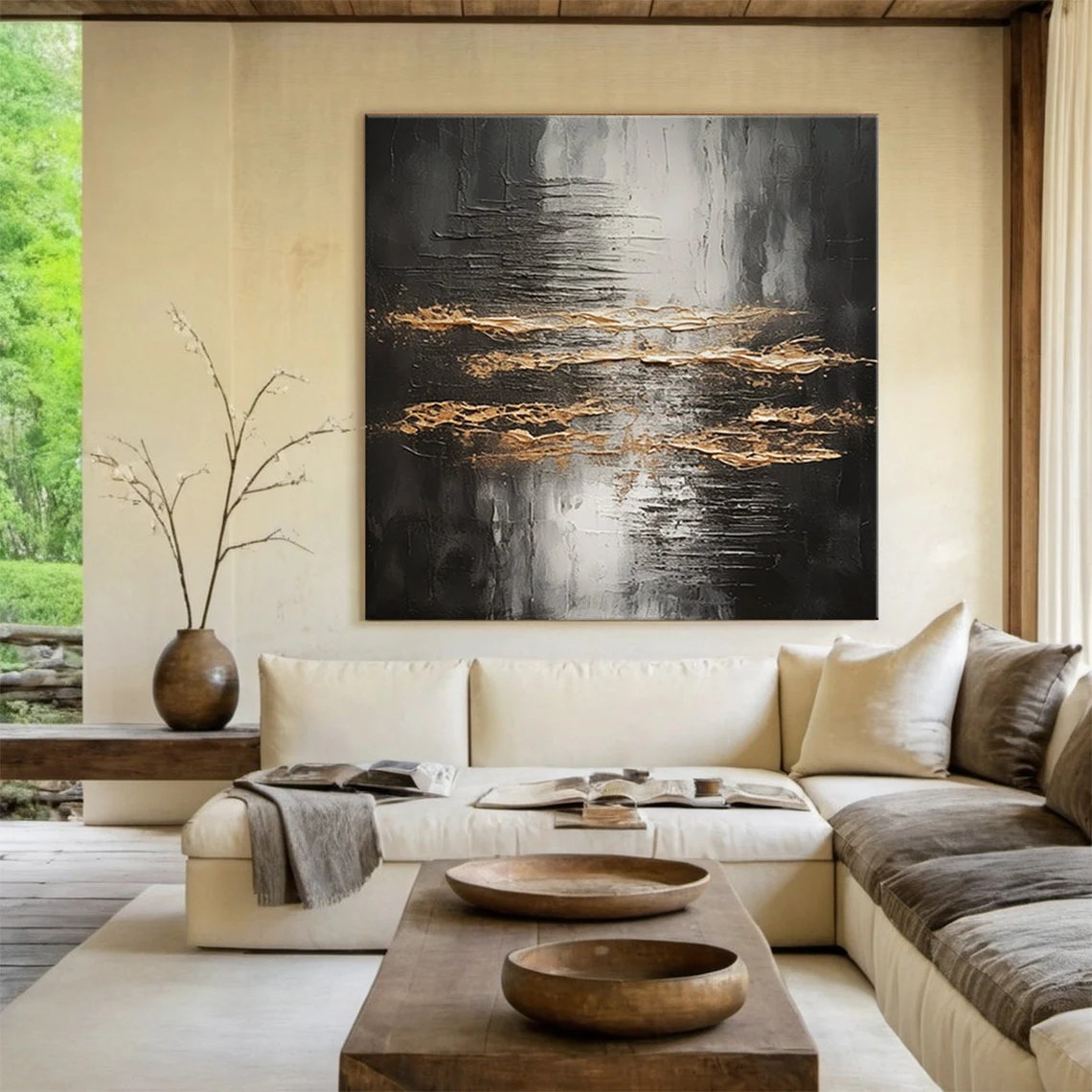 Large Metallic Gold & Black Abstract Wall Art | Modern Luxury Canvas