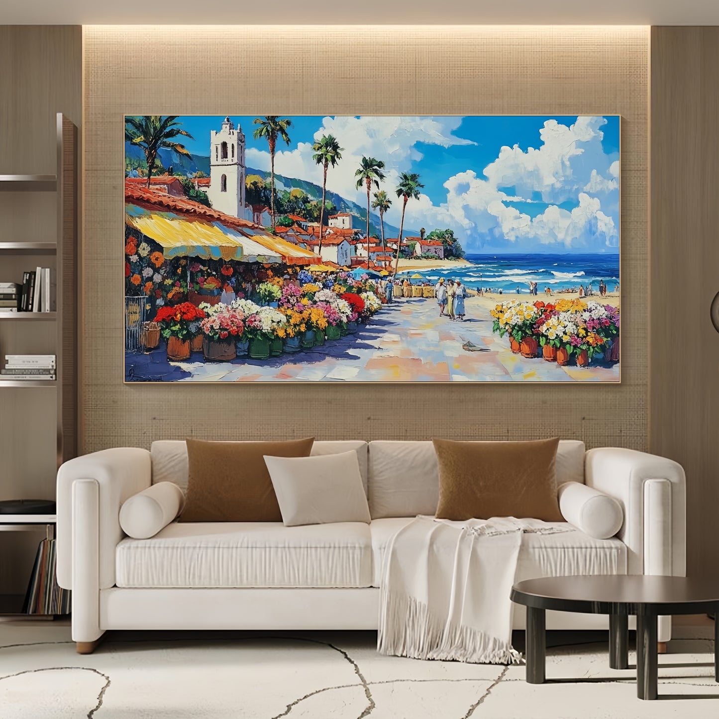 Coastal Village Canvas | Mediterranean Seaside Art | Colorful Beach Town Decor