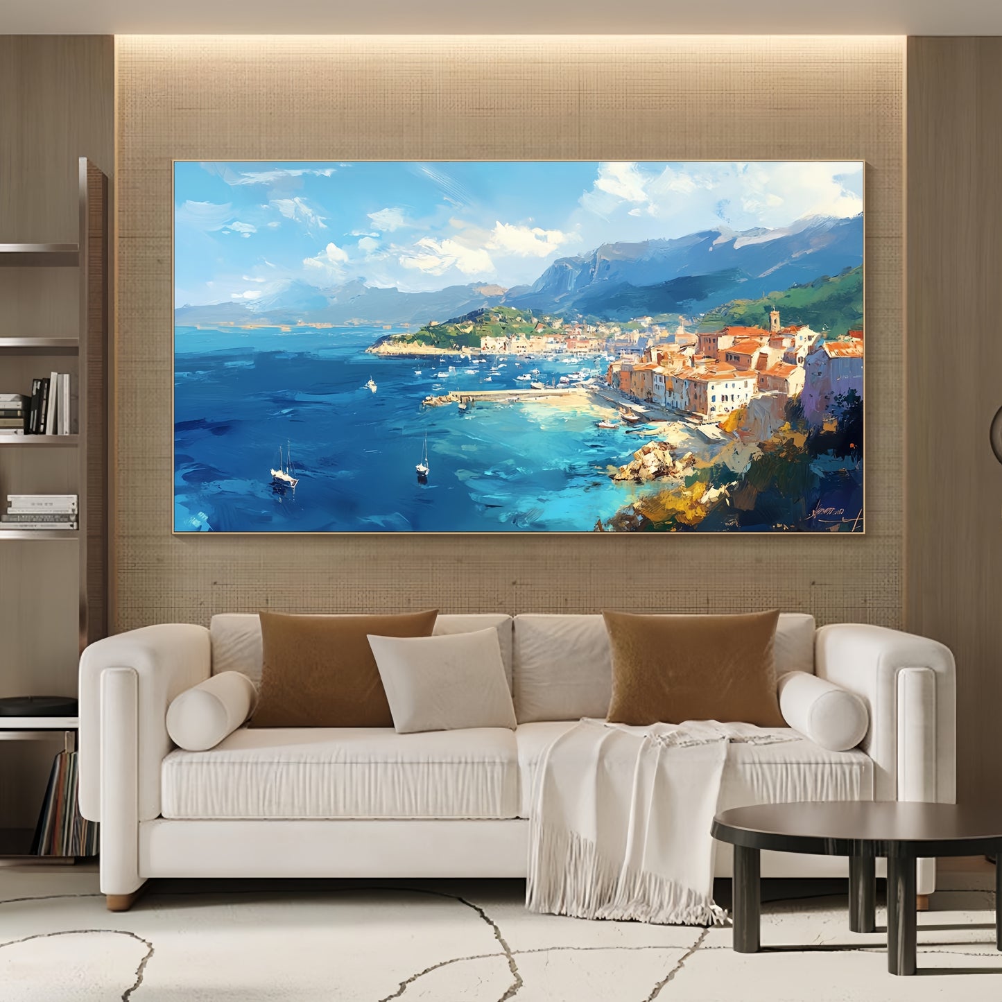 Large Seaside Canvas | Mediterranean Harbor Art | Coastal Wall Decor