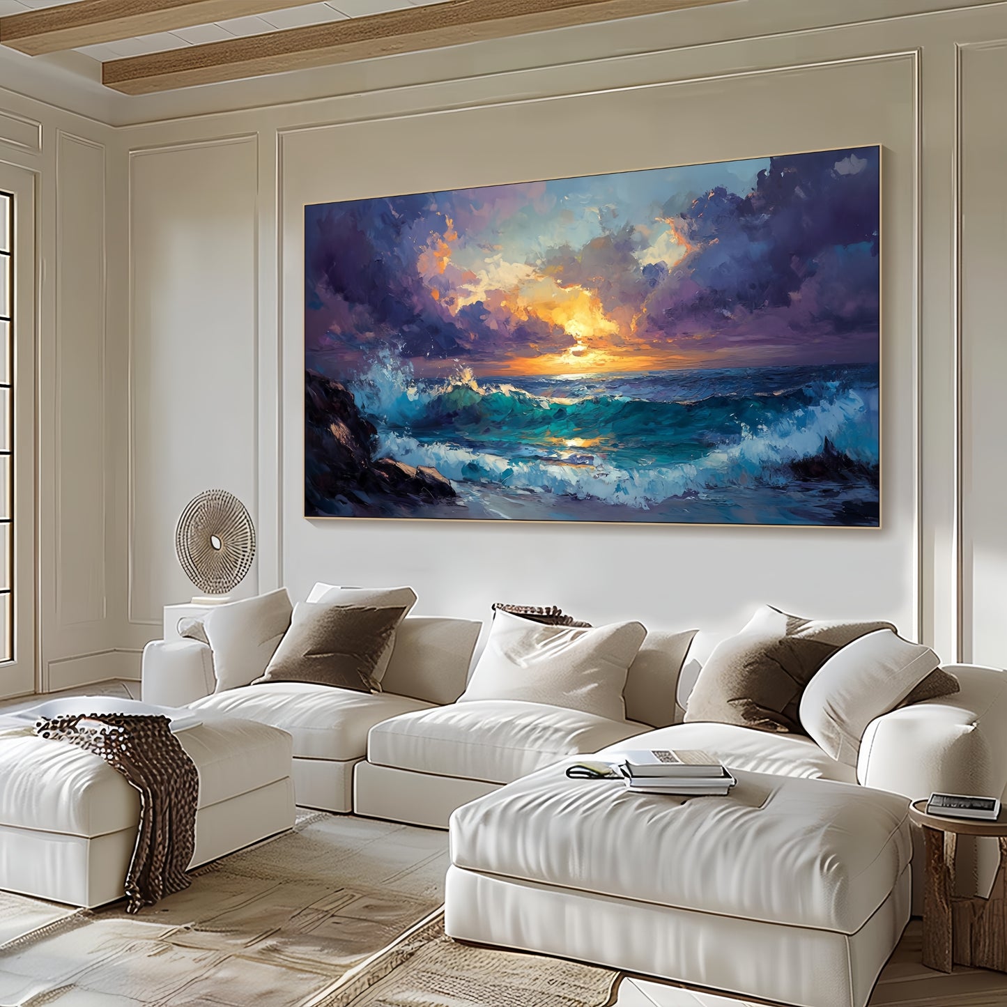 Ocean Sunset Canvas | Textured Seascape Art | Stormy Wave Wall Decor