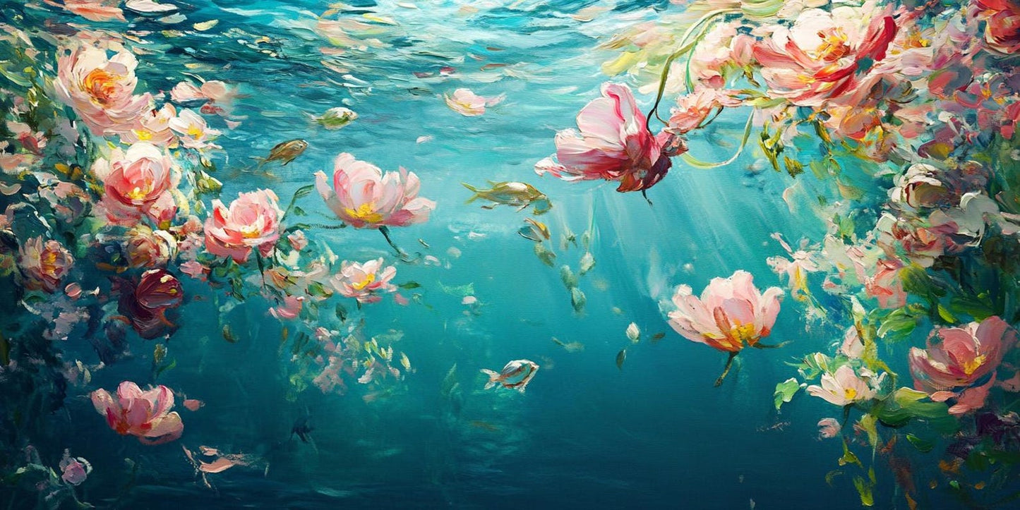 Underwater Floral Canvas | Ocean Lotus Art | Turquoise Blue Wall Decor