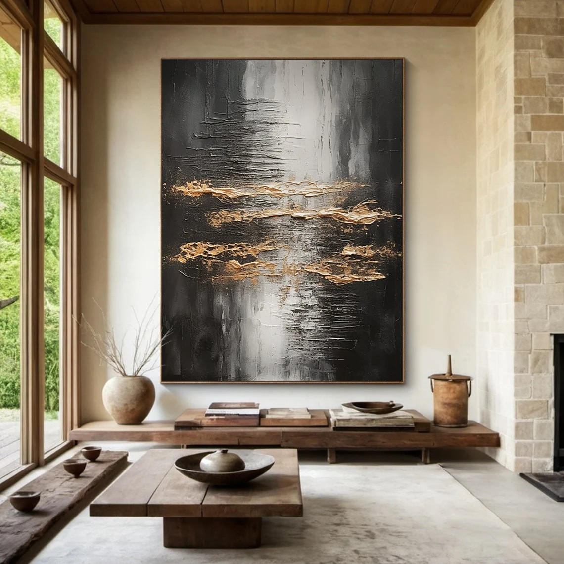 Large Metallic Gold & Black Abstract Wall Art | Modern Luxury Canvas
