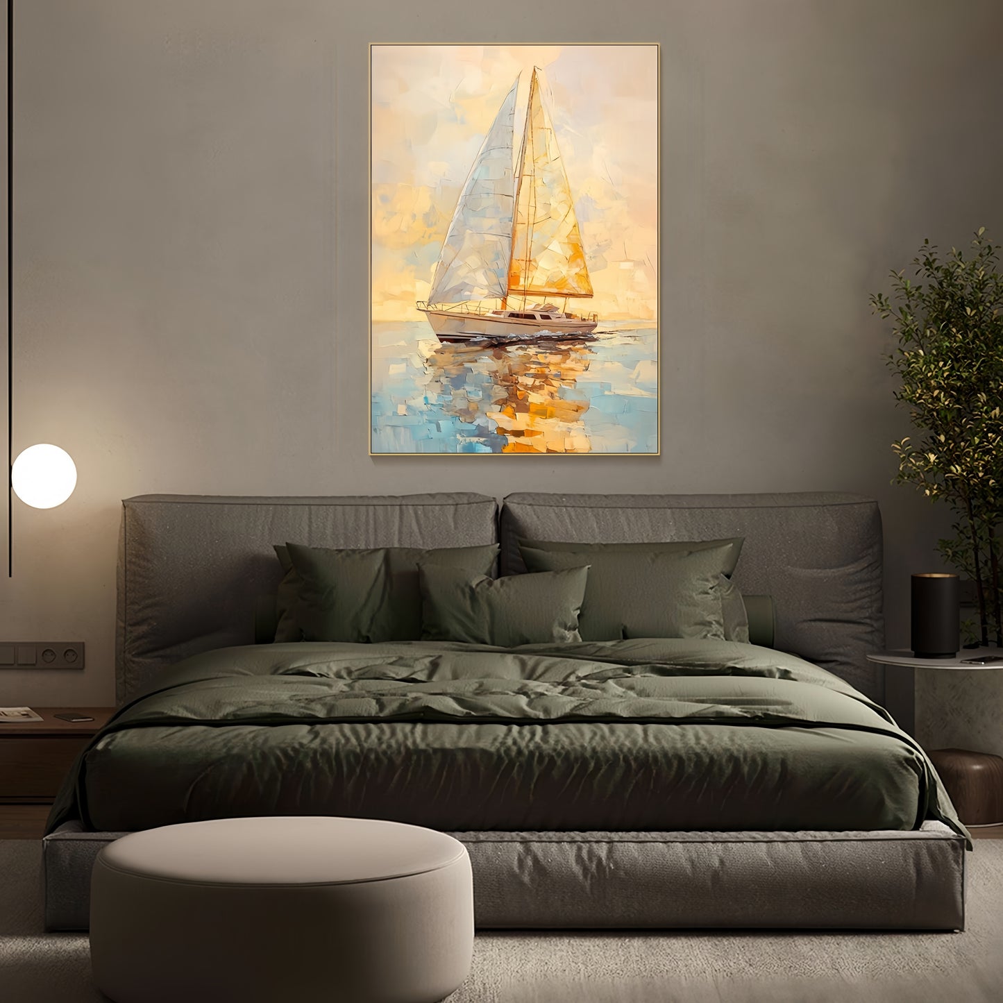 3D Golden Sunset Sailboat | Nautical Seascape Art | Ocean Wall Decor