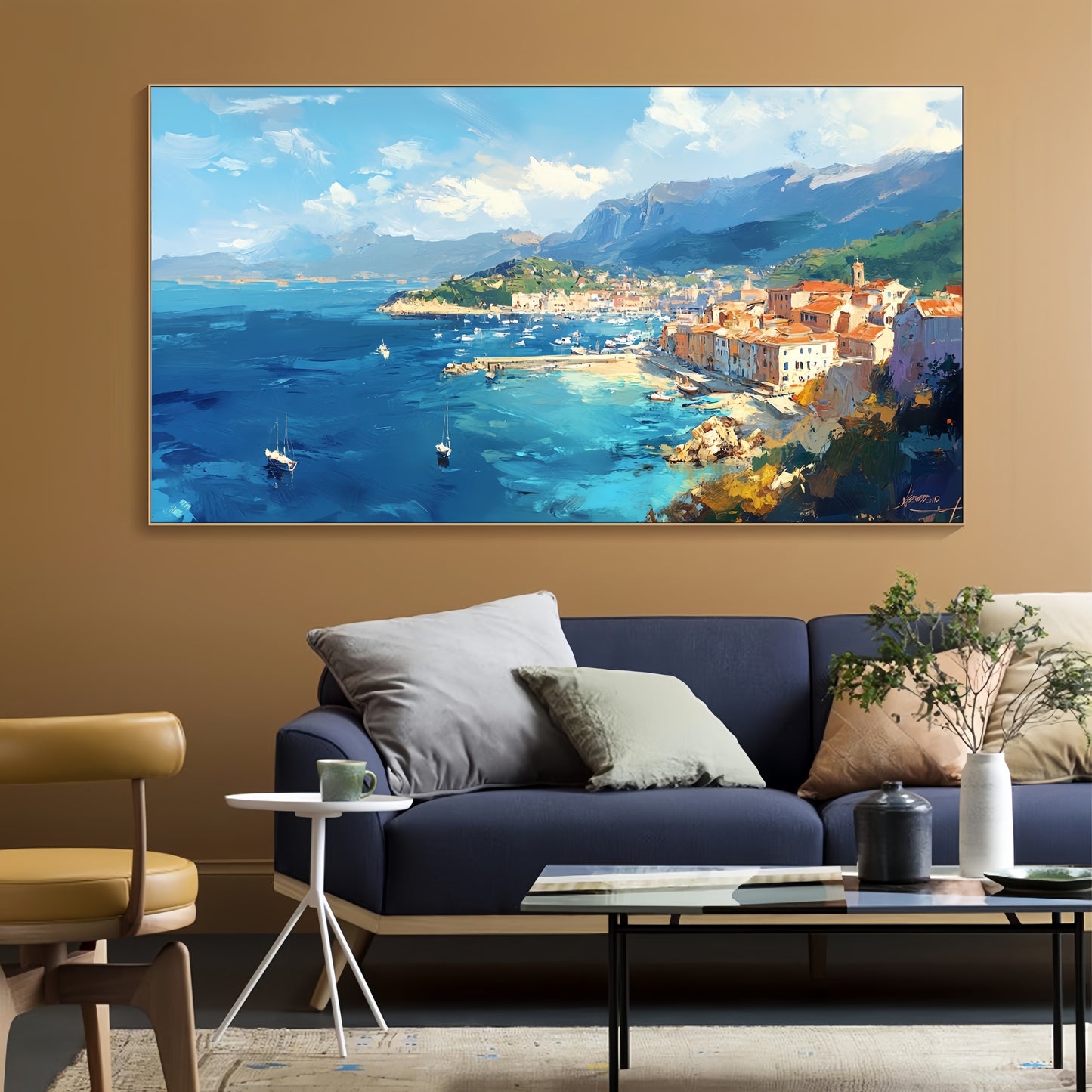 Large Seaside Canvas | Mediterranean Harbor Art | Coastal Wall Decor