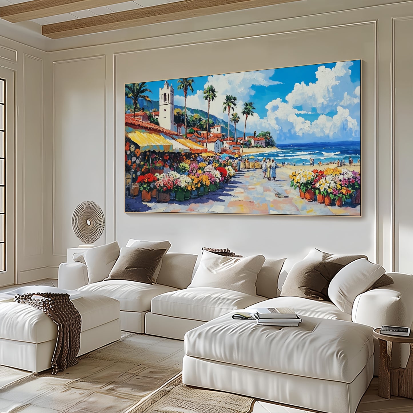 Coastal Village Canvas | Mediterranean Seaside Art | Colorful Beach Town Decor