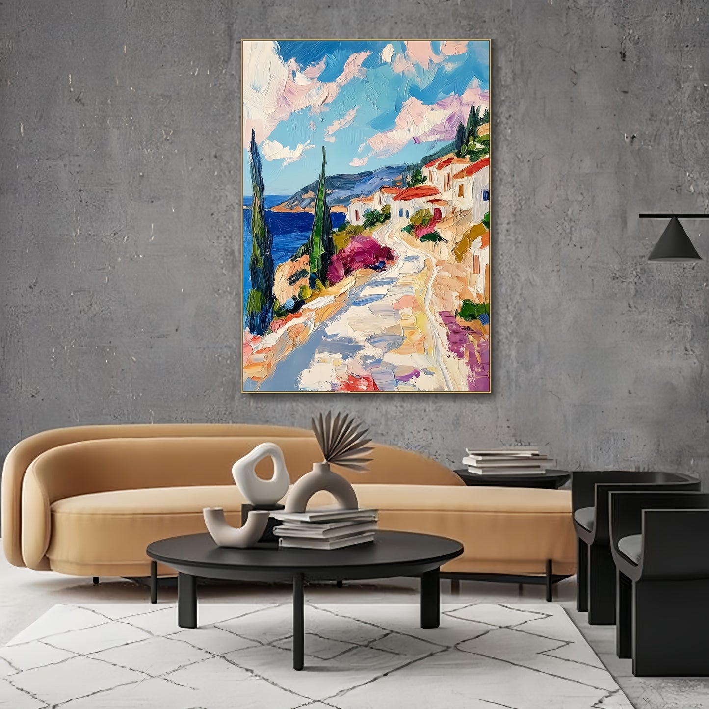 3D Coastal Village Art | Mediterranean Seaside Canvas | Modern Impressionist Decor