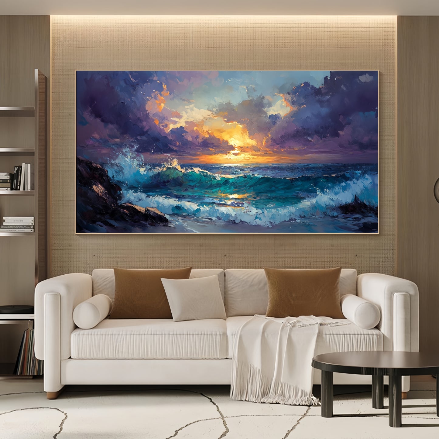 Ocean Sunset Canvas | Textured Seascape Art | Stormy Wave Wall Decor