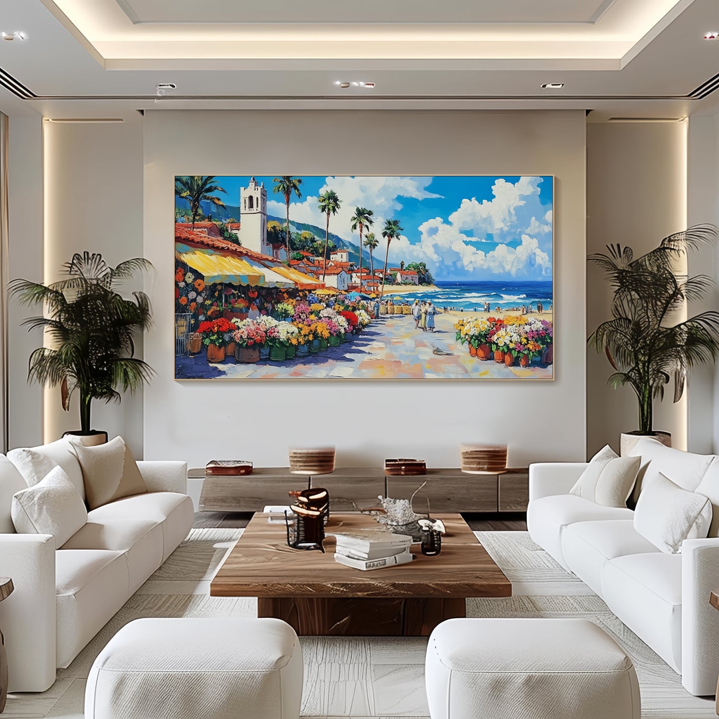 Coastal Village Canvas | Mediterranean Seaside Art | Colorful Beach Town Decor
