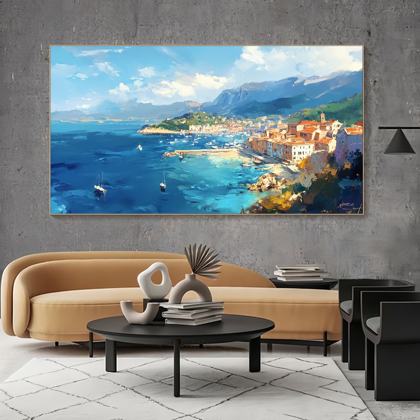 Large Seaside Canvas | Mediterranean Harbor Art | Coastal Wall Decor