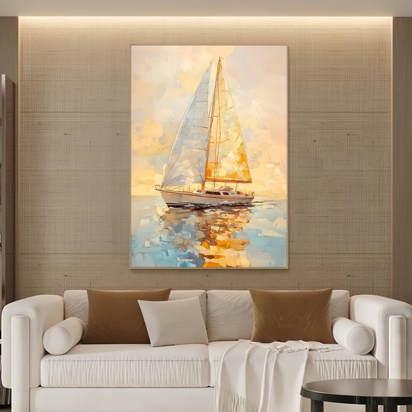 3D Golden Sunset Sailboat | Nautical Seascape Art | Ocean Wall Decor