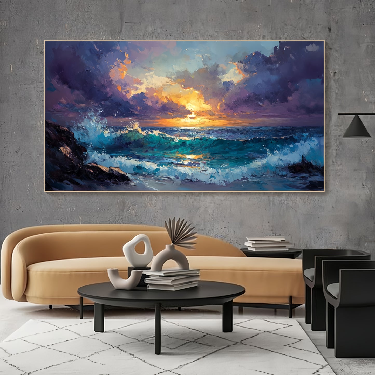 Ocean Sunset Canvas | Textured Seascape Art | Stormy Wave Wall Decor