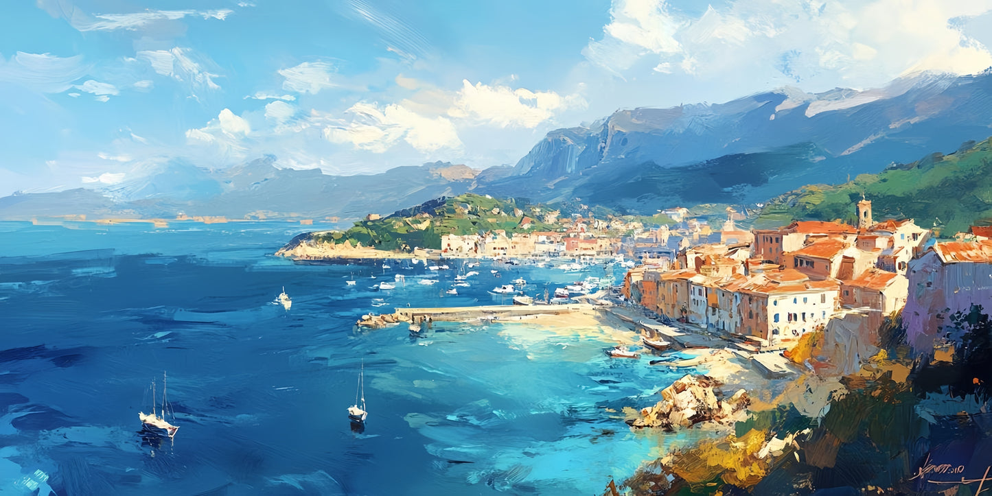 Large Seaside Canvas | Mediterranean Harbor Art | Coastal Wall Decor