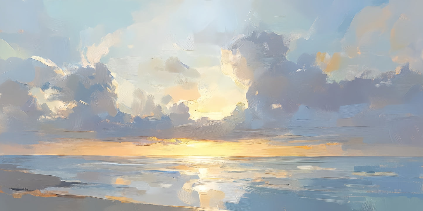 3D Sunset Ocean Art | Seascape Oil Painting | Coastal Sunrise Wall Decor